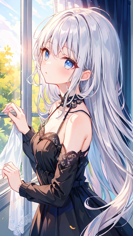 pretty girl, black dress, open shoulder, Lace skirt, silver hair, From the side, long hair, look up, messy hair, window, curtain, sunlight, shiny hair,