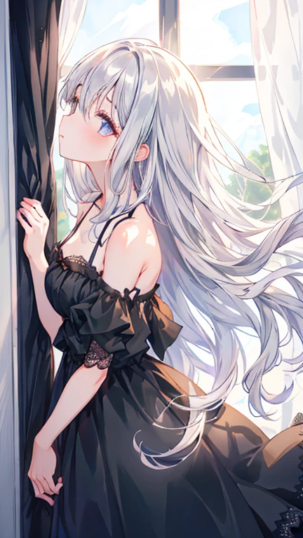 pretty girl, black dress, open shoulder, Lace skirt, silver hair, From the side, long hair, look up, messy hair, window, curtain, sunlight, shiny hair,