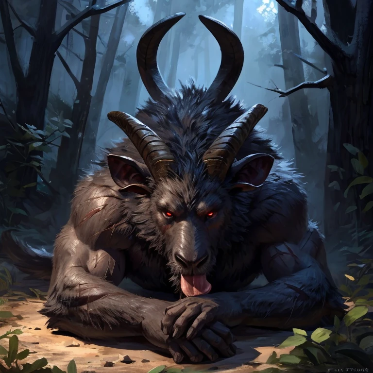 Krampus. solo. Black fur, big gray testicles. Scars in some parts Including the butt. Sweaty. looking at me with an comfortable look, Red eyes. Tongue out thirsty Dropping saliva. Sweaty, full body image, Taran Fiddler style, medium shading. Giving back. Lying so that their big feets are closer to the camera. Lying With his belly on the ground. Turning your back on the image. The butt points towards the image. Background in a night forest. Low light. Correct anatomy.