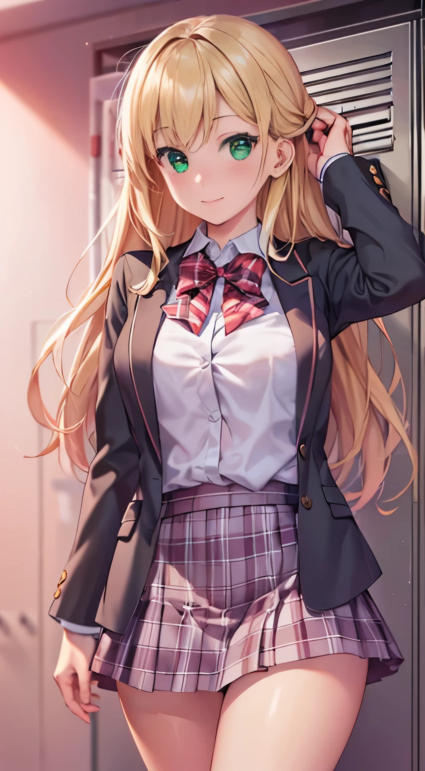 ((masterpiece, highest quality, High resolution, UHD, perfect pixel, Depth of bounds written, 4K, rtx, HDR))), 1 girl, single, alone, full body image、beautiful anime girl, beautiful art style, anime character, ((long hair, parted bangs, blonde hair)), (green eyes:1.4, round eyes, beautiful eyelashes, realistic eyes), (detailed face, blush:1.2), (smooth texture:0.75, realistic texture:0.65, realistic:1.1, Anime CG style), medium breasts, dynamic angle, perfect body, (red bow tie, school uniform, black jacket, open jacket, Brown cardigan, white shirt), ((black skirt:1.5, plaid skirt)), smile, （Raise your skirt to reveal purple detailed panties、purple panties:1.8）, locker room、
