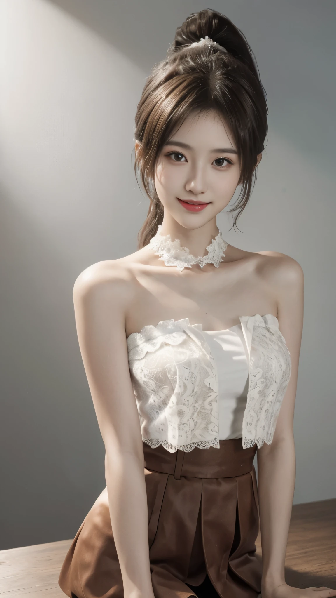 ((best quality:1.1)),((on the table:1.1)), ((ultra high resolution:1.1)), ((photographyrealism:1.4)), ((original photo)), ((8k)), (High detail RAW color photos professional photos),((cowboy shooting: 1.2)), ((charming, beautiful, よるのかいultra high resolution, HD CG unified 8K Denden wallpaper)), (1 Japanese woman),((Photos of Japanese -yeld wo)), ((Idol face:1.2)), (White lace strapless vest:1.2), White pleated skirt:1.5)),((very cute)), ((very beautiful)), ((ponytail)), ((dark brown hair)),Angelic smile, ((good anatomy: 1.2)