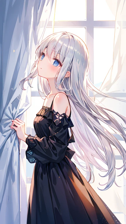 pretty girl, black dress, open shoulder, Lace skirt, silver hair, From the side, long hair, look up,  window, curtain, sunlight, shiny hair