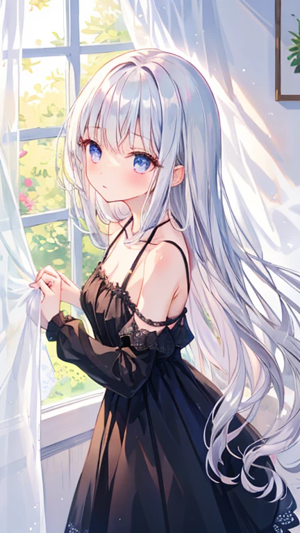 pretty girl, black dress, open shoulder, Lace skirt, silver hair, From the side, long hair, look up, window, curtain, sunlight, shiny hair