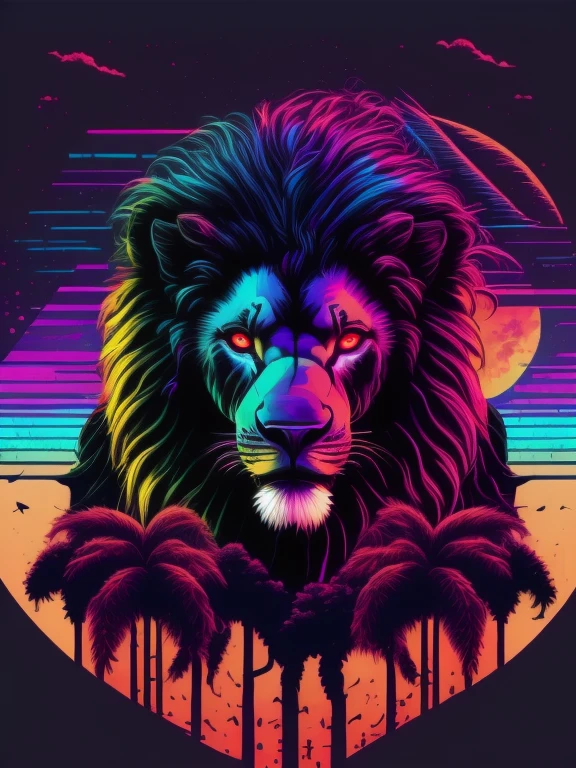 Big Lion head, hills,5 dates trees , 5 coconut tree and sun, vectorized, synthwave, green purple blue red orange, very bright neon colors on a dark background, birds flying 