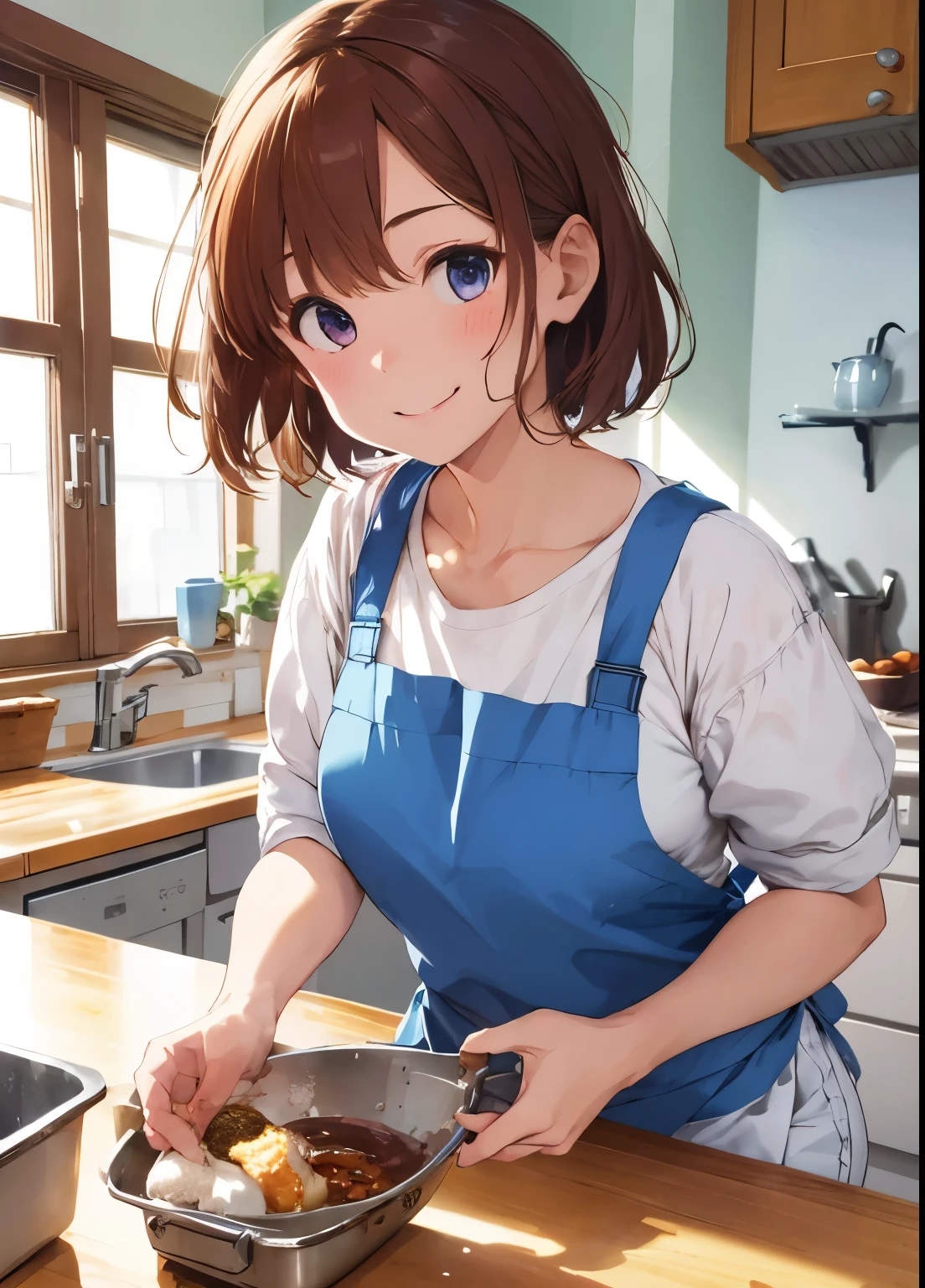 ((best quality)), ((Very detailed)), on the table, absurd, The facial details are particularly rich, pretty face, (delicate eyes, deep eyes), (1 girl in), Upper body, cooking mom, brown hair, short hair, brown eyes, medium breasts, Pink bandana, smiling, (apron), 长apron, 长apron, white collar shirt, rolled up sleeves, blue pants, slippers, White footwear, , indoors, in the kitchen