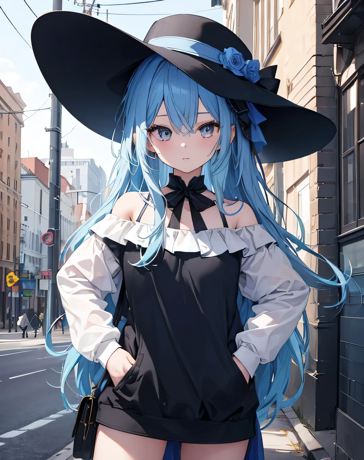 Masterpiece,1 girl,alone,long hair,blue hair,have,off shoulder:1.2, haveม็อบ, road,hands on hips, hands in pocket,