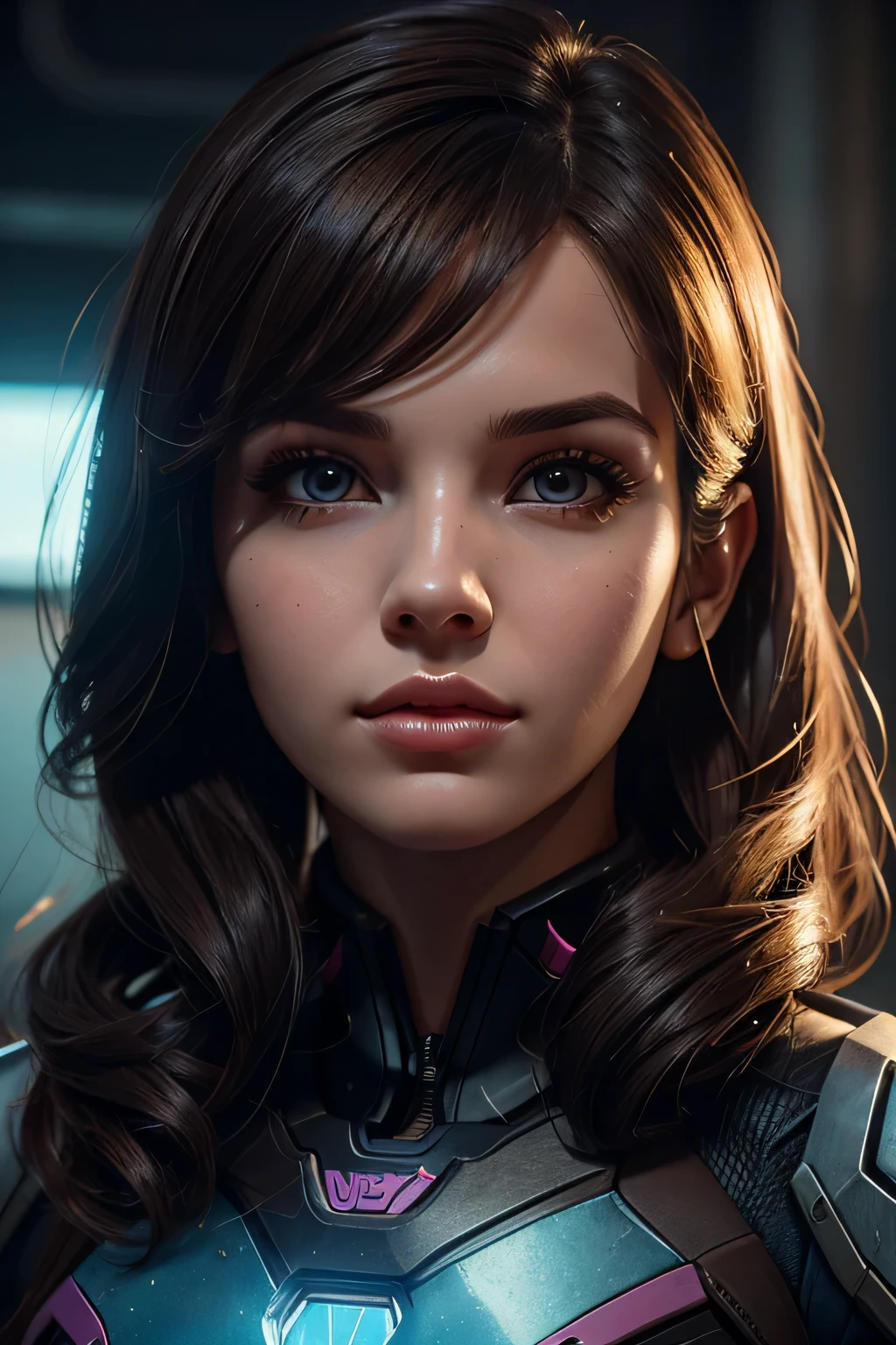 1girl, D.va , overwatch, outside of mech, reflective, glistening skin, studio, super detailed, HD, visible pores, perfect hair, very detailed hair, perfect, very beautiful, a hyperrealistic, masterpiece, highlty detailed, cinimatic lighting, ray tracing, cinematic composition. award winning photo, high contrast, clear face, beautiful dark brown eyes, eyes match
