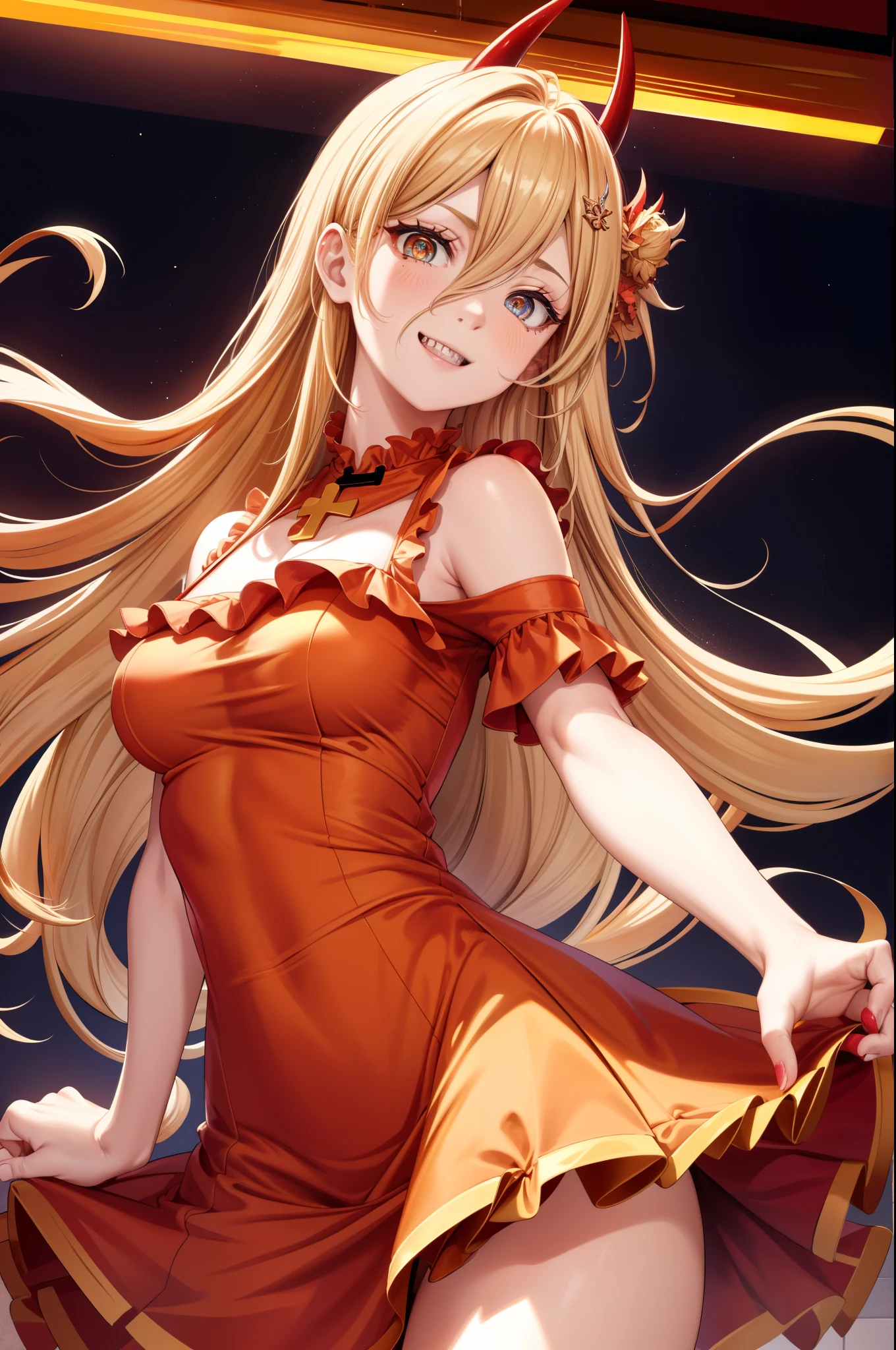 1 girl, force \(CSM\) , long hair, blonde hair, (red horn:1.1), (cross pupil:1.3), シンボルのshapeをした生徒たち, yellow eyes, sharp teeth, smile
(Red ruffled dress:1.3), (Red clothes:1.3), long skirt, (hair ornaments:1.2)
dance, revolve, extreme close up
break indoors, (party venue:1.3)
break (masterpiece:1.2), highest quality, High resolution, unity 8k wallpaper, (shape:0.8), (beautiful and detailed eyes:1.6), highly detailed face, perfect lighting, Very detailed CG, (perfect hands, perfect anatomy),
