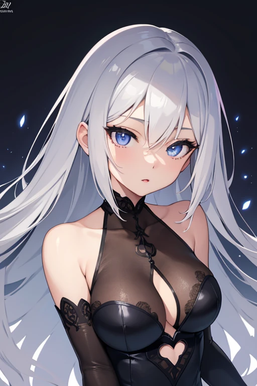 1girl, anime, cute girl, blank background, white background, fantasy, detailed dark fantasy dress with highlights, beautiful face, beautiful eyes, dark colors, silver hair, slightly small breasts, slight cleavage, beautiful skin, cute, breast curtains, extremely delicate and beautiful, (beautiful detailed face:1.0), (detailed deep eyes), symmetrical breasts, deep eyes, shiny skin, portrait, slender waist, hips wider than shoulders, thighs, young girl, expressionless, luminous eyes