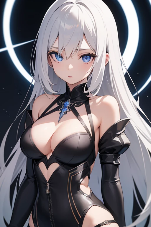 1girl, anime, cute girl, blank background, white background, fantasy, detailed dark fantasy dress with highlights, beautiful face, beautiful eyes, dark colors, silver hair, slightly small breasts, slight cleavage, beautiful skin, cute, breast curtains, extremely delicate and beautiful, (beautiful detailed face:1.0), (detailed deep eyes), symmetrical breasts, deep eyes, shiny skin, portrait, slender waist, hips wider than shoulders, thighs, young girl, expressionless, luminous eyes