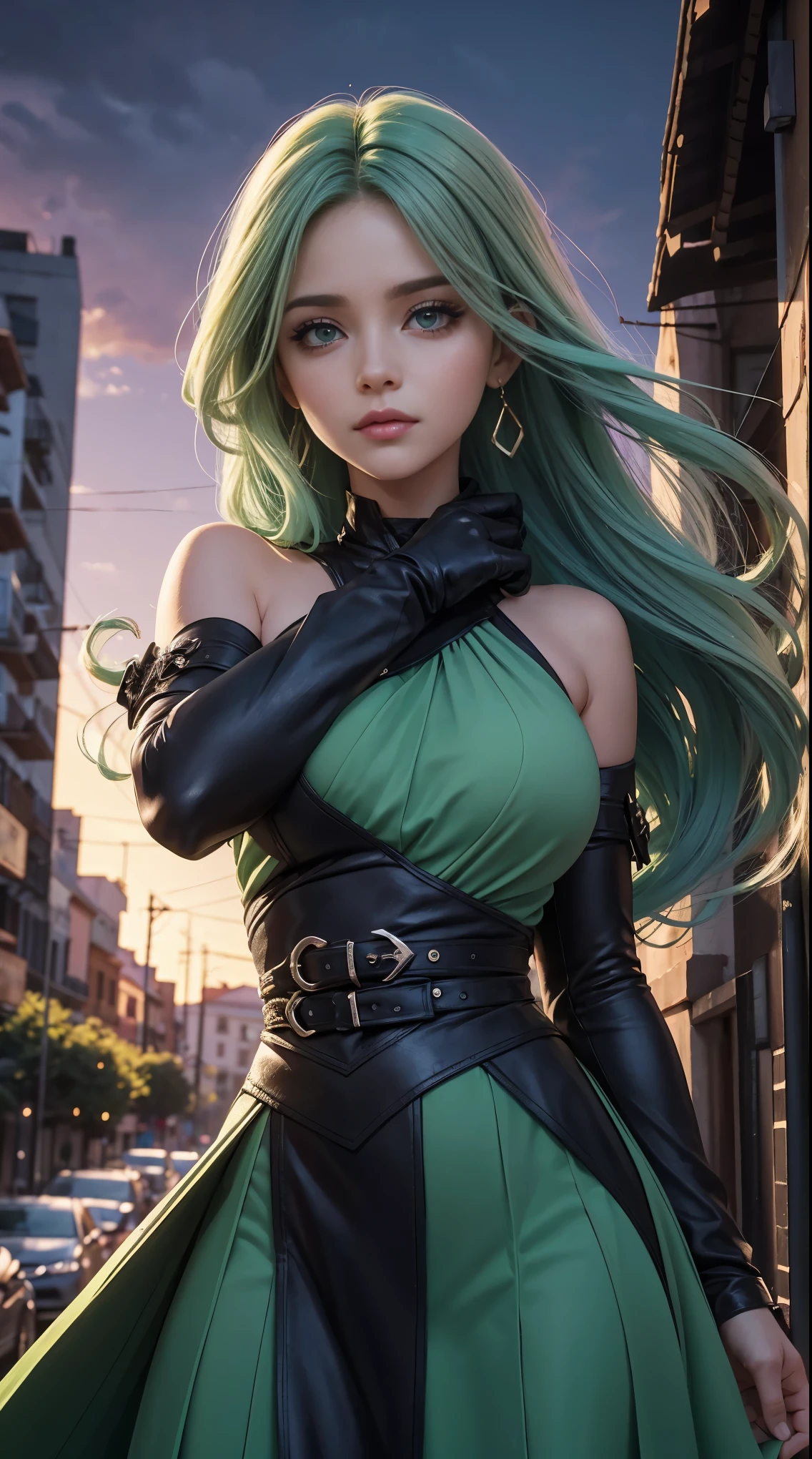 Morrigan Aensland, flying towards the viewer, cabelos verdes, roupa roxa, sorriso provocante, j. Scott Campbell, J. Scott Campbell, fundo do castelo, Meia-noite,