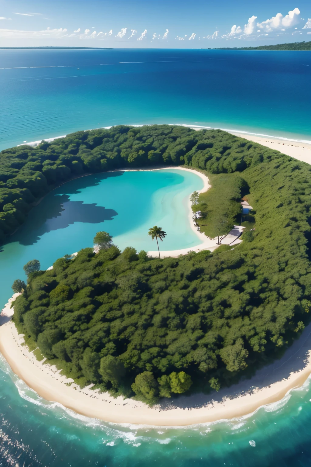 an island surrounded by lake water. the island has a beach and behind the beach it is filled with forest