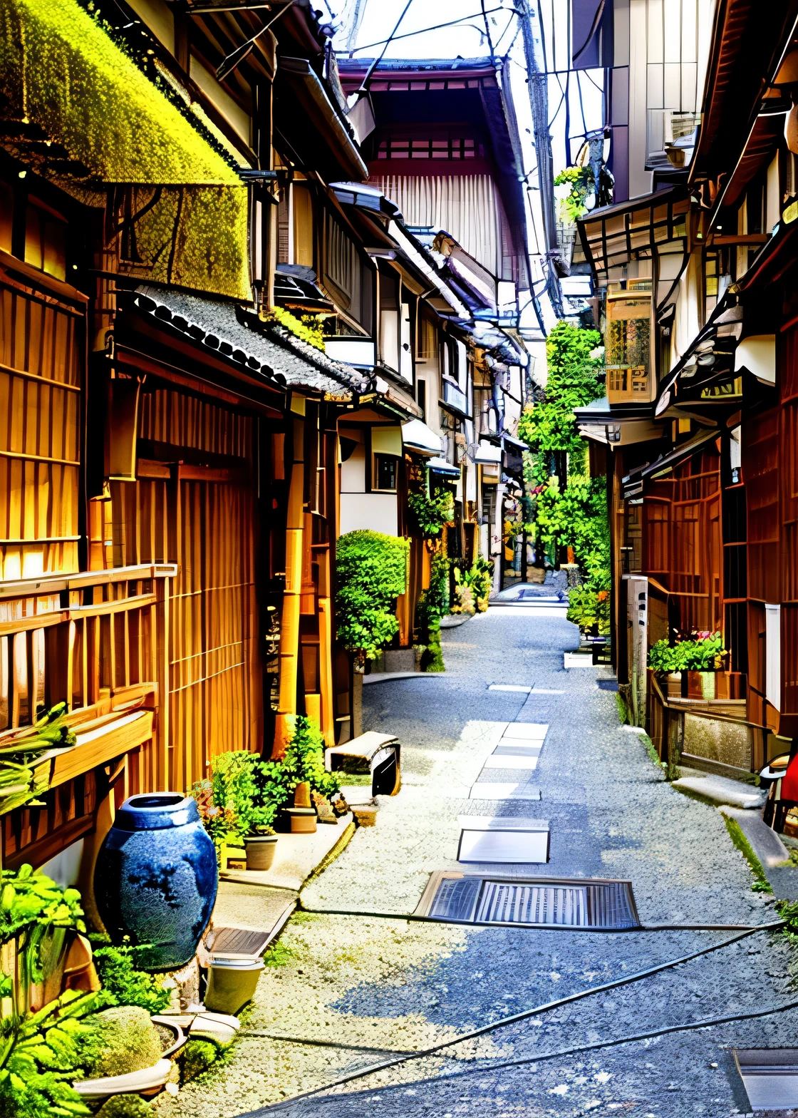 There are many buildings and plants in the narrow alley.., japanese street, japanese neighborhood, Alleys in Tokyo, in narrow Alleys in Tokyo, japanese town, Tokyo - esque town, japanese village, Japanese cities, downtown japan, narrow and winding cozy streets, edo Japan, kamakura period, Kyoto japan setting, japanese rural town, tokyo street, Kyoto