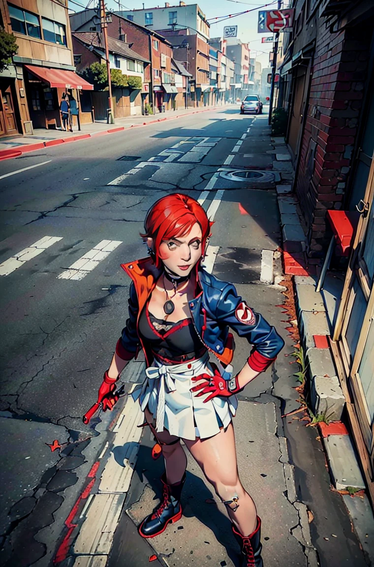 in the art style of persona5 and in the art style of street of rage 4, delinquent, (sukeban), mature_female, blush, mature, older woman, 25 years old, Sukeban teacher outfit, ((((1girl, solo female, solo, solo focus:1,9)))++++, choker, sukeban teacher, sukeban fighter, long_sleeves, open jacket, blue jacket,( jean)+++, light skin tone female, (full body)+++++, jacket, biker jacket, tape, arm_support, gloves, red_gloves, bridal gauntlets, nail polish, boots, black_footwear, fighter outfit, (full body)+++++++, hourglass, mature face, cheeky smile, cheeky face, wrinkles, (((((red hair, short hair, bob cut, earrings, ear piercings)))), red eyeighting art, Martial arts, standing, fighting_stance, fight, fighting), extra colors, 2D, megapixel, perfectionism, accent lighting, full HD , (Masterpiece:1.2), (full-body-shot:1),(cowboy shot:1.2), (Highly detailed:1.2),(anime Detailed Face:1.2), Colorful, A detailed eye, (Detailed landscape:1.2), (natural lighting:1.2), ((sukeban school teacher)) by Vincent Di Fate: Aidyllery, Anamorphic Shot, rule of thirds, face by Artgerm and WLOP, ((street of rage 4 city backround)), fictive city backround in the style art of street of rage 4,