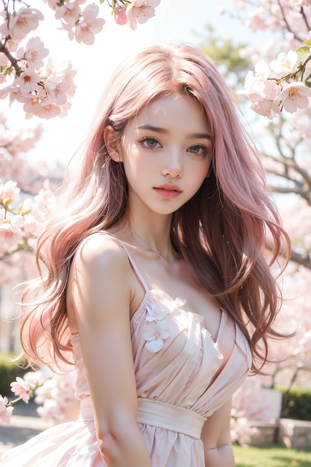 light pink hair, pink eyes, pink and white, cherry blossom leaves, Bright colors, white dress, paint splashes, simple background, ray tracing, wavy hair