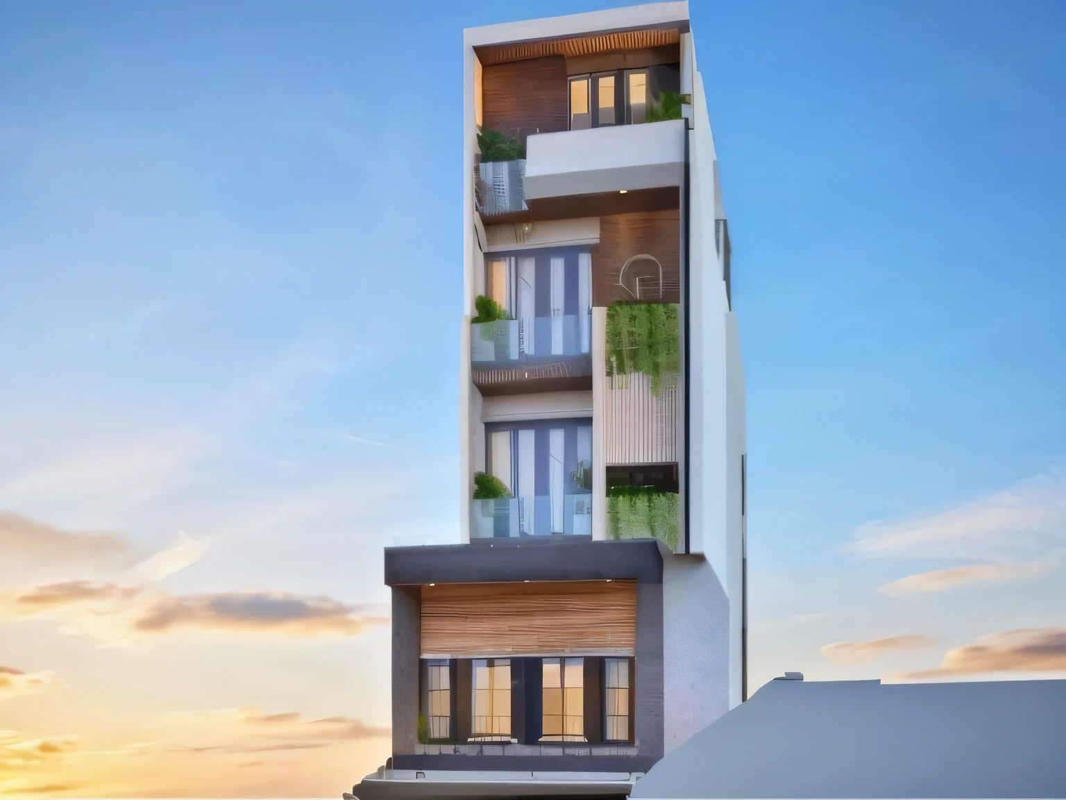 rendering of a tall building with a balcony and a balcony, modern lush condo as shopfront, mid-view, front elevation view, frontview, front-view, complete house, elevation view, 3d model, 3 d model, architectural concept, building facing, realistic building, 2 d render, in style of simplified realism, a road in front of house, cloud, sky,