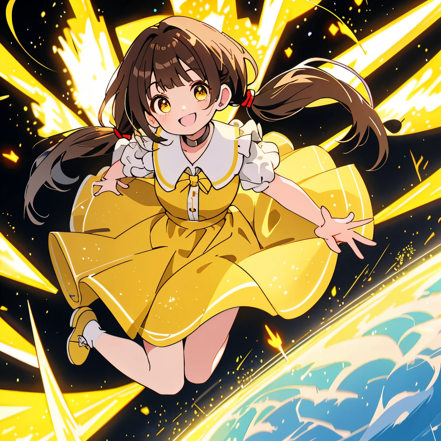 masterpiece,best quality,ultra detailed,highres,high-resolution,4K,8k, Bangs above the eyebrows、dark brown hair、thin long twintails、Light yellow dress with a collar that reaches above the knee、smile、bright、jumping、full of energy、