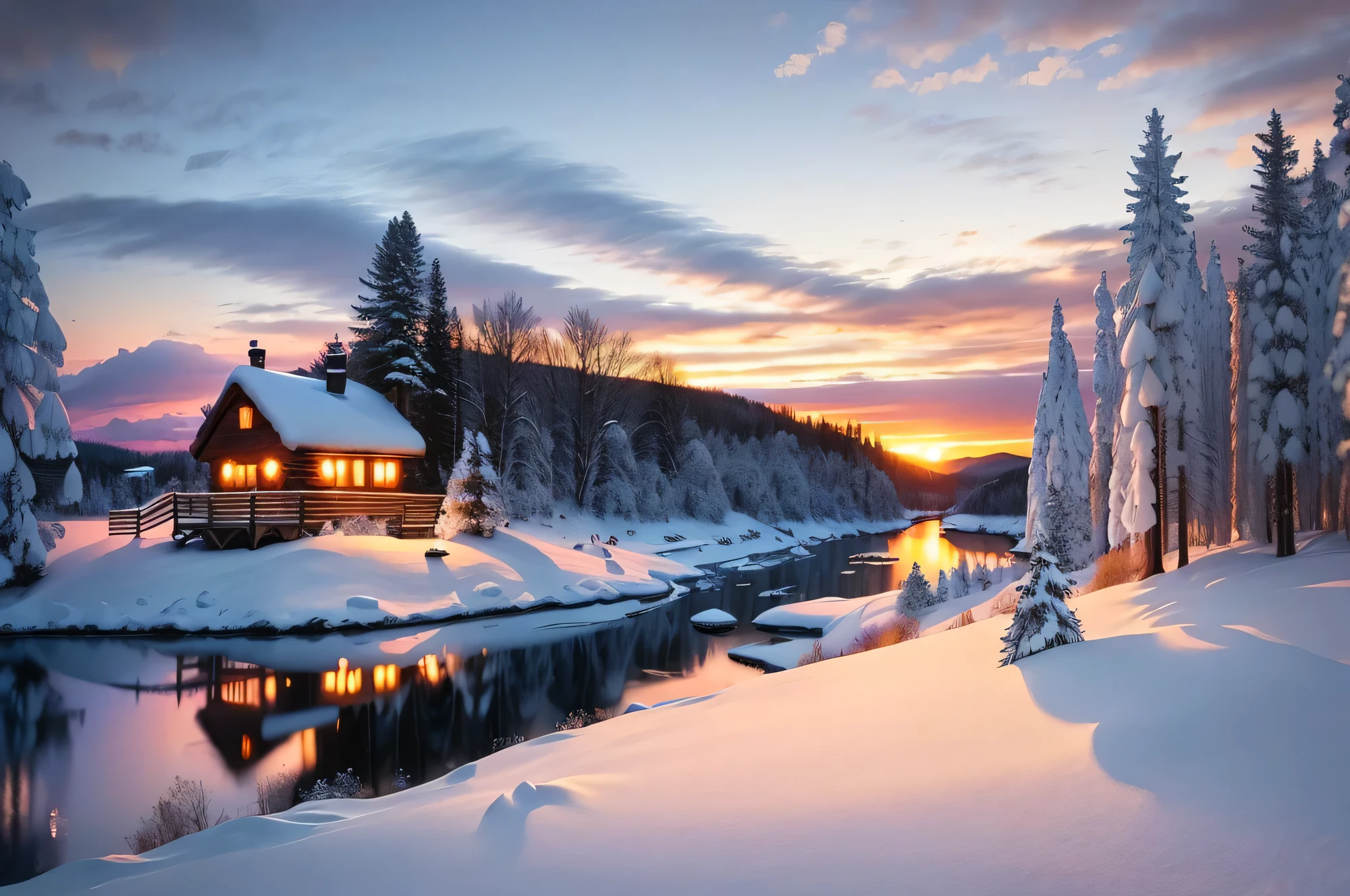 a view of a cabin in the snow with a sunset in the background, beautiful snowy landscape, winter setting, mystic winter landscape, beautiful winter area, outside winter landscape, winter landscape, winter landscape outside, winter, winter time, winter scene, snow, snowy winter scene, winter scene fantasy, winter lake setting, sunny winter day, snowy landscape, shutterstock