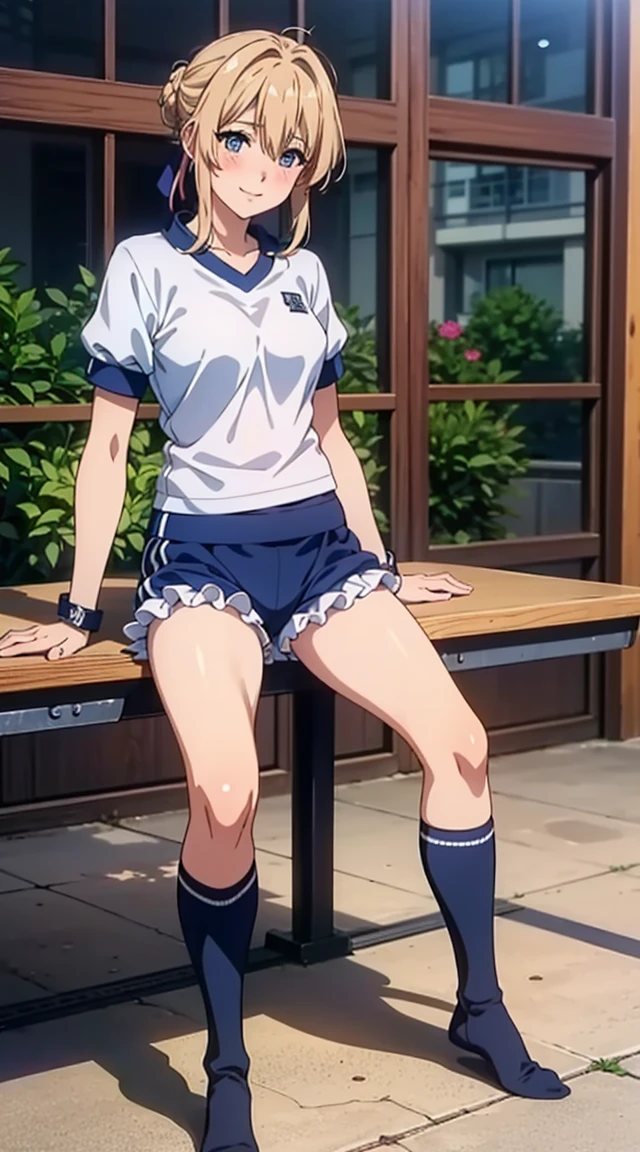 ((table top, highest quality, High resolution, nffsw, perfect pixel,  4K, nffsw, nffsw))),1 girl, violet evergarden,table top, highest quality, blonde hair, blue eyes, hair between eyes, looking at the viewer, full body shot、ribbon、 ((gentle smile, blush:1.2)), ((smooth texture:0.75, realistic texture:0.65, realistic:1.1, Anime CG style)), medium breasts, ((full body shot))、 slender body,  (White short-sleeved gym clothes with navy blue cuffs)、((Navy high-leg bloomers))、(volleyball uniform)、((barefoot))、dark blue socks、sports boots、big smile、school building、ground、schoolyard、Looking back from the back