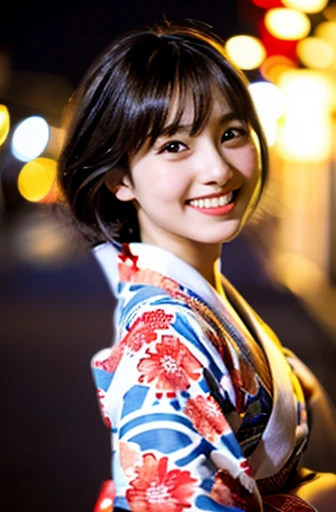 highest quality, soft light, ultra high resolution, (realistic:1.4), full_body,RAW photo, 1 Japanese girl,cute,Yukata sleeves、Kimono sleeve,night sky,detailed beautiful face,smile