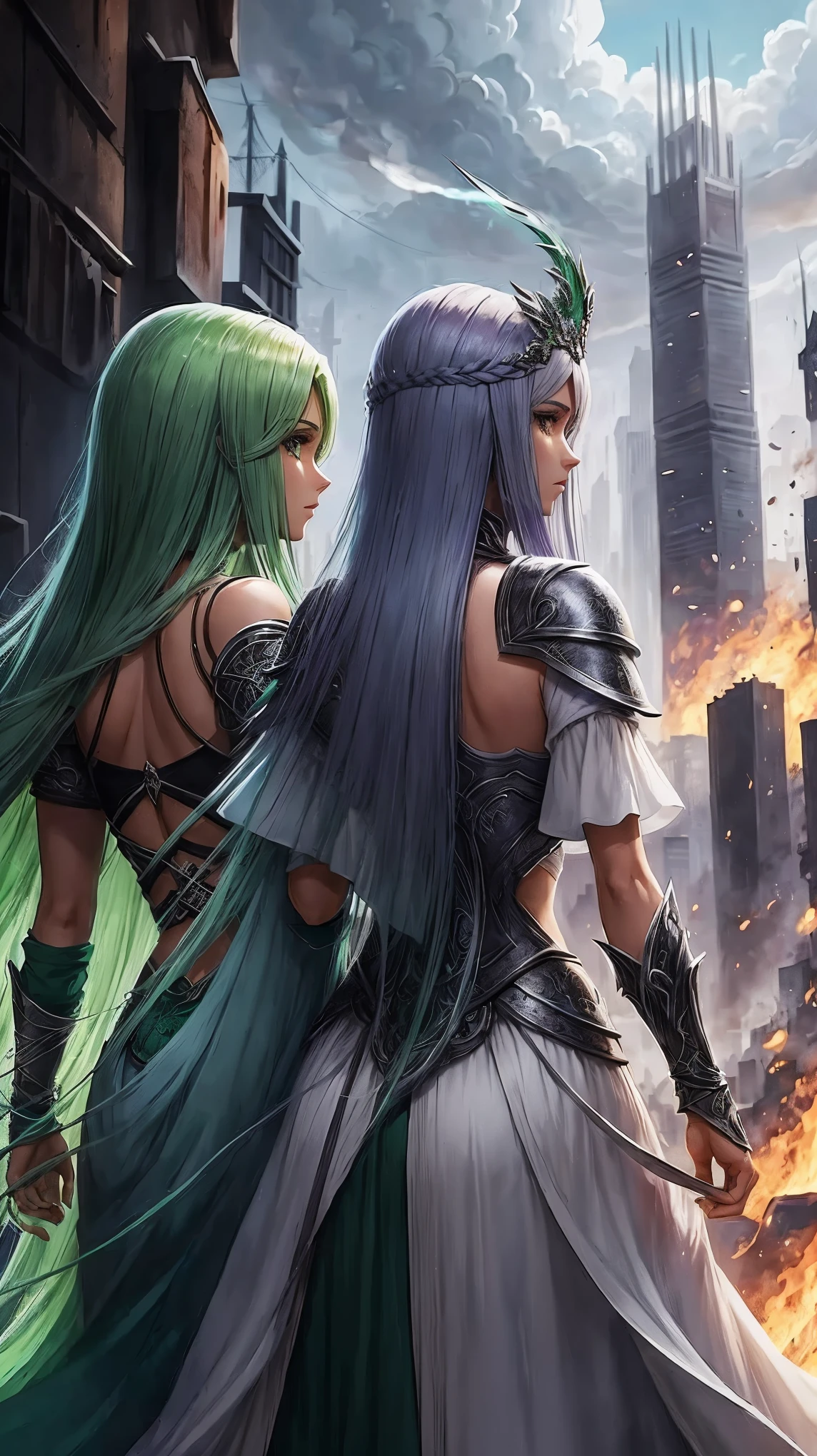 Uma garota estilo RPG com cabelos verdes e olhos amarelos, e outra garota com cabelo roxo e olhos verdes. They have their backs to each other, In the background there is a city on fire