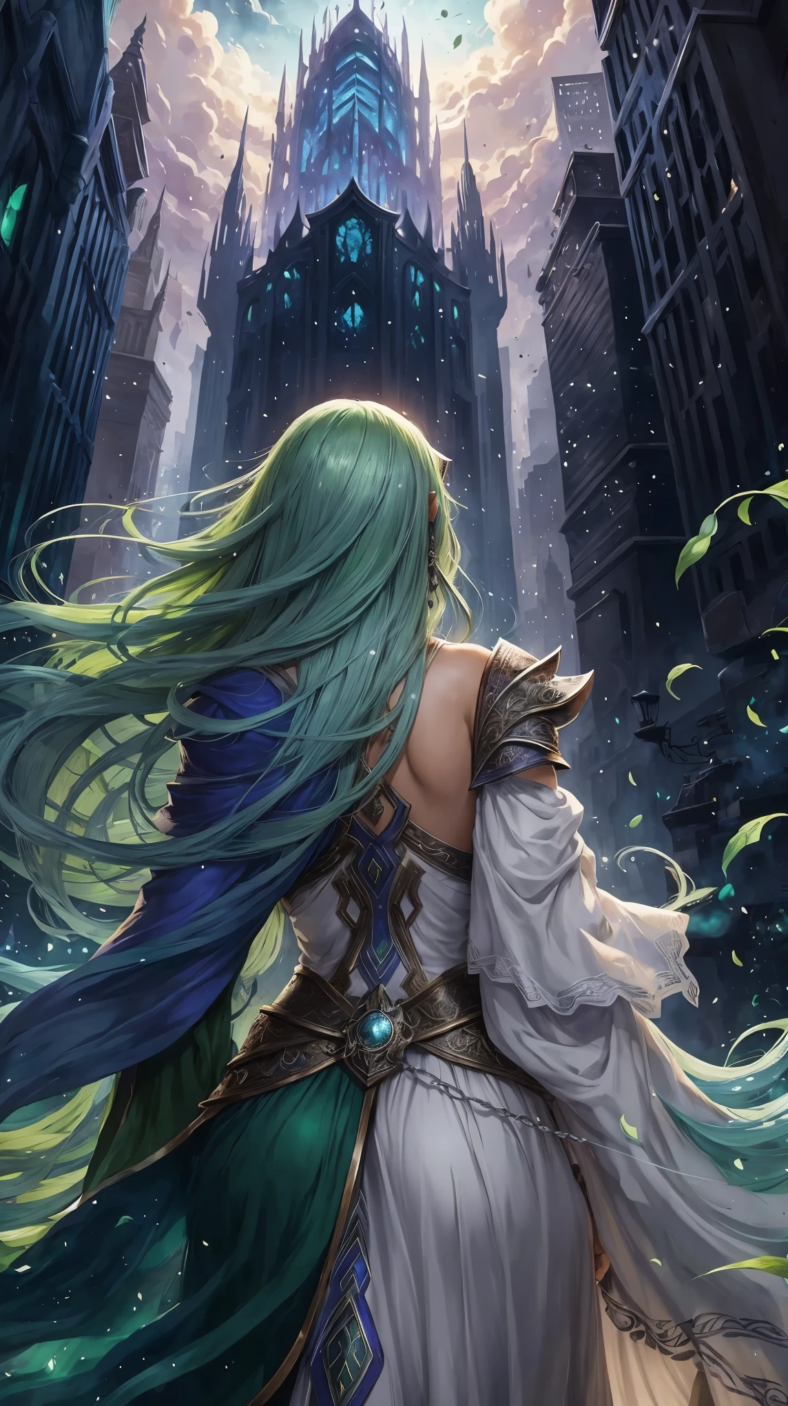 Uma garota estilo RPG com cabelos verdes e olhos amarelos, e outra garota com cabelo roxo e olhos verdes. They have their backs to each other, In the background there is a city on fire