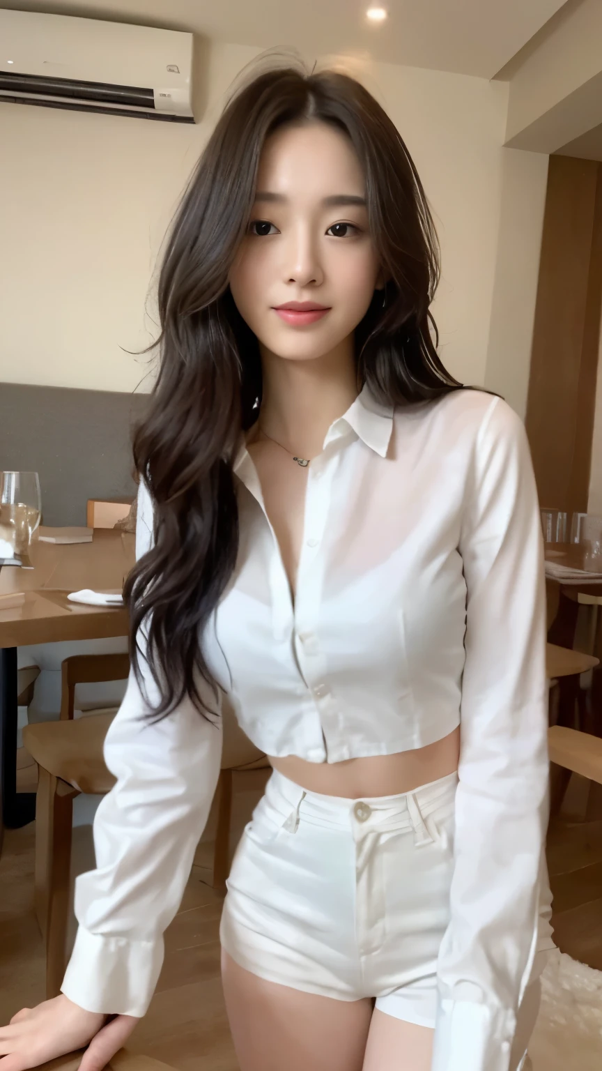 ((top-quality、8k、​masterpiece:1.3))、Beautiful woman with perfect body:1.4、slim abdomen:1.2、Longhair, normal breast, Highly detailed facial and skin texture, A detailed eye, delicate eyes, (smile), (full body shot), ((Restaurant)), (sitting on chair), (((wearing white long shirt with short pants))), looking in front