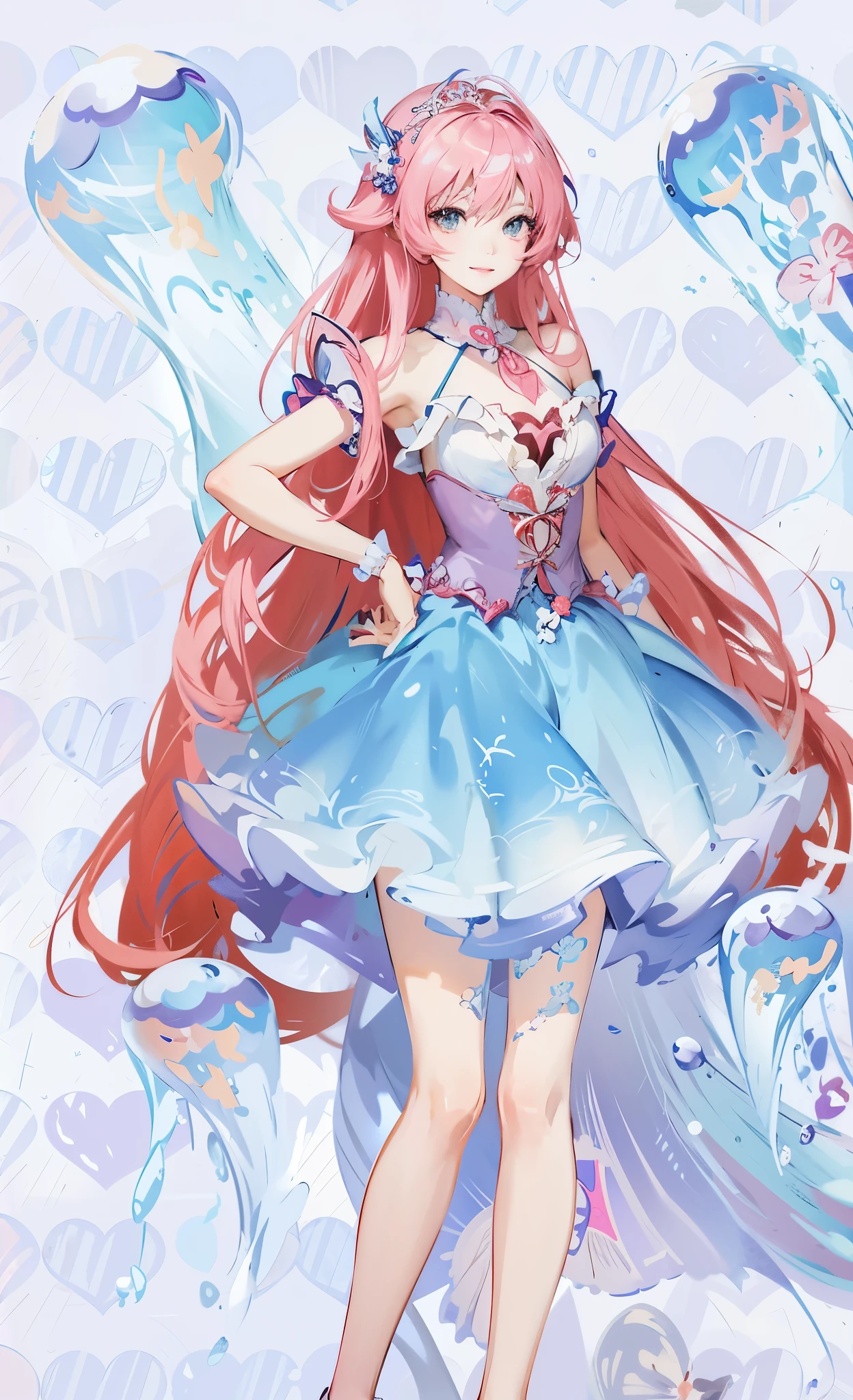 wearing blue dress、Anime girl with jelly and fish, Cute anime waifu wearing beautiful clothes, my dress up darling anime, anime princess, Smile like a fairy king, Beautiful anime character design, Beautiful anime art style, Hino Rei as princess, Ethereal animation, Beautiful anime style, fantasy style anime, magic dress, !!full body portrait!!
