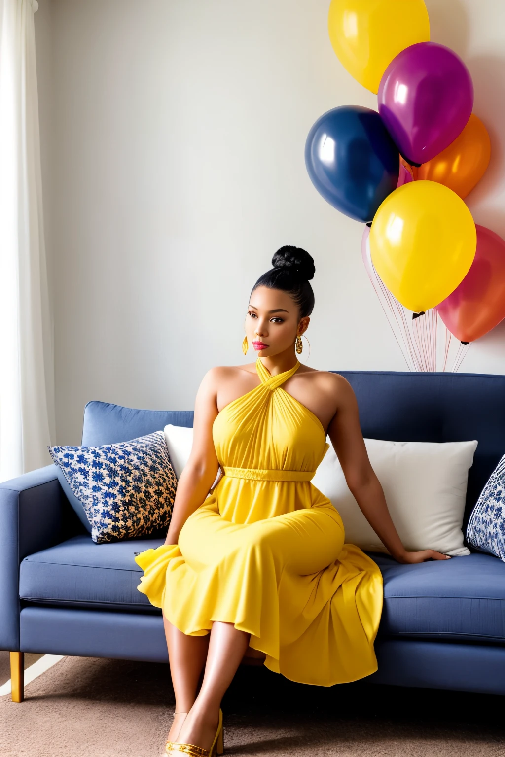 A beautiful light skin woman with dark hair in a neat bun gracefully enters a white room, clad in a sultry yellow dress that accentuates her curves. Surrounding her are vibrant yellow, blue, red, and orange balloons, adding a pop of color to the pristine setting. She settles on a plush white couch, and the room is bathed in an aesthetic and exclusive lighting, highlighting her radiant complexion and the intricate details of her dress. The high-definition image captures every detail, from the dark roots of her hair to the fabric texture of her dress, making for a truly captivating and elegant portrait.