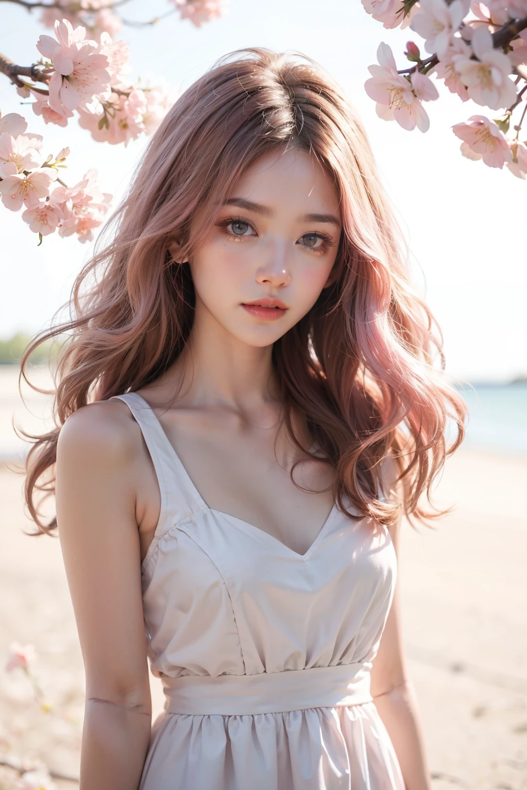 light pink hair, pink eyes, pink and white, cherry blossom leaves, Bright colors, white dress, paint splashes, simple background, ray tracing, wavy hair