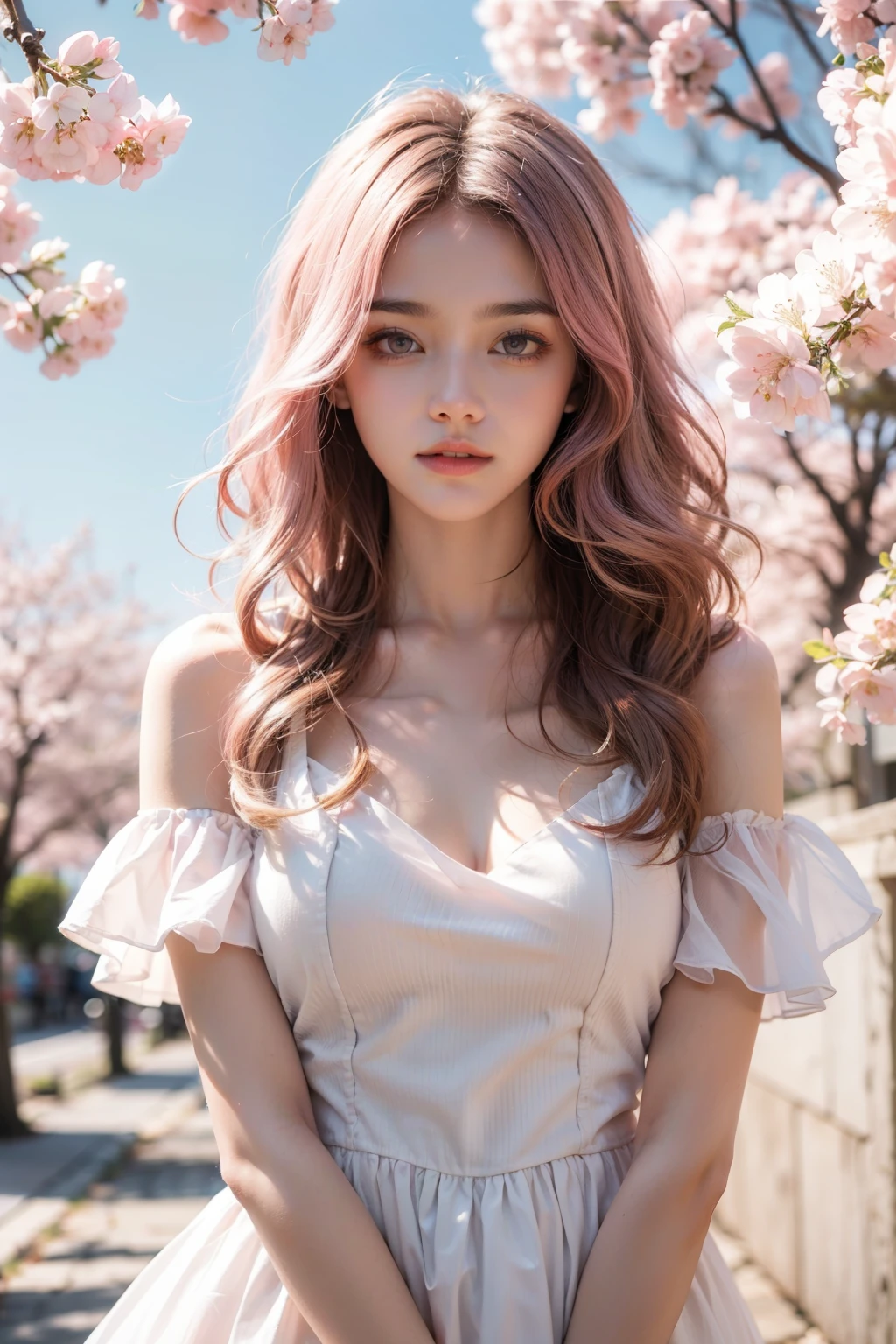 light pink hair, pink eyes, pink and white, cherry blossom leaves, Bright colors, white dress, paint splashes, simple background, ray tracing, wavy hair