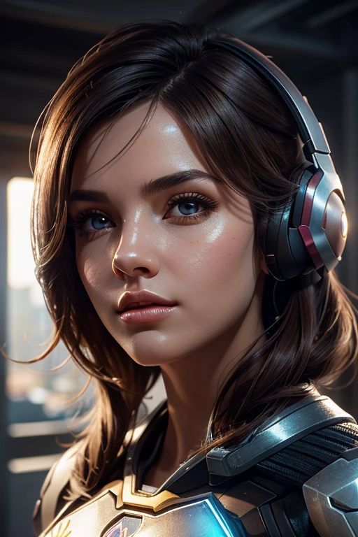 1girl, D.va , overwatch, outside of mech, reflective, glistening skin, studio, super detailed, HD, visible pores, perfect hair, very detailed hair, perfect, very beautiful, a hyperrealistic, masterpiece, highlty detailed, cinimatic lighting, ray tracing, cinematic composition. award winning photo, high contrast, light sparkles, clear face, beautiful dark brown eyes, eyes match, clean face