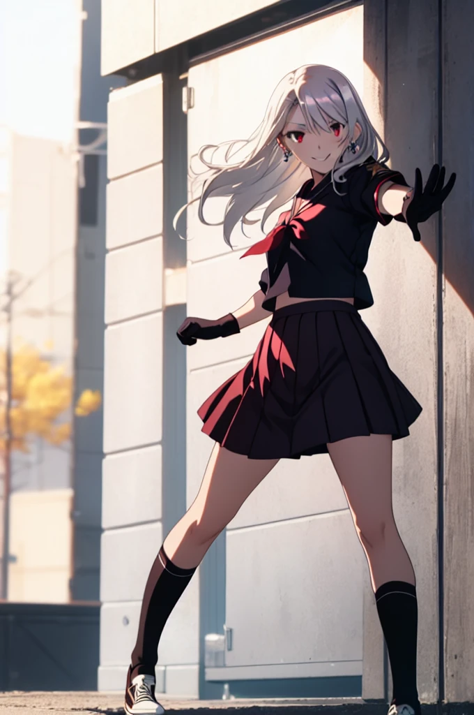 sukeban illyasviel_von_einzbern, mature_female, silver hair, holding yoyo, combat pose, full body, flowing hair, hair between the eyes, asymmetrical hair, red eyes, delicate facial features, sukeban deka clothe, looking_at_viewer, outdoors, background tokyo, ((solo girl:1,5))+++++,woman in a 80's sukeban seifuku standing on a set of strees, black , 80's japanese sukeban photo, sukeban seifuku, 80's japan, sukeban, long black skirt, red converse, full body, light skin tone female, full body, tape, arm_support, gloves, red_gloves, bridal gauntlets, blackred_footwear, fighter outfit, full body, hourglass, mature face, cheeky smile, cheeky face, wrinkles,( silver long hair, earrings, ear piercings), realistic, (fighting art, Martial arts, standing, fighting_stance, fight, fighting), extra colors, 2D, megapixel, perfectionism, accent lighting, full HD , 4K, masterpiece, empty red eyes