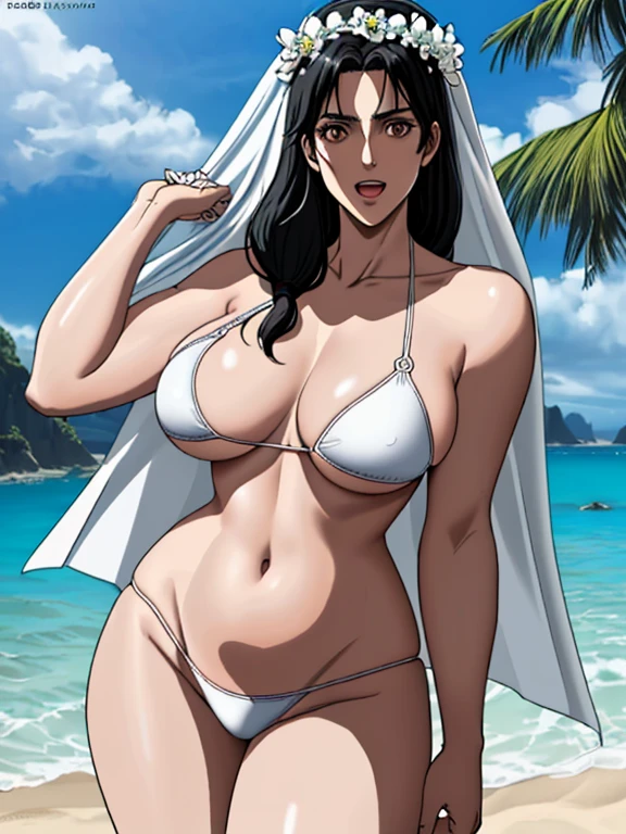 (WALLPAPER, masterpiece, 4k, anime style:1.9, ( detailed beach background, cowboy shot, looking at viewer, big breasts, big giant breast, open mouth, high color saturation, bold lines, bold drawing lines, (strong arms, flat belly, groin), detailed bold arm lines), (strong arms, thick arms), strong light on body, plain, bare body, (large breasts, perky boonimum clothing, taking off shirt, bare shoulders, off-shoulders, bare chest, polished nails, seductive, Carla Yeager, (very tight plain white micro bikini, wedding veil, white flower wedding crown), no shirt, showing off), , mature female, sunbathing, milf, (curvy:0.8), solo, (black long hair, hime cut), (black hair color:1.1), hair over shoulder. white skin, flat belly, perfect eyes, white sciera, brown eyes, anime eyes, smoky eyeliner, eyeshadow, perfect face, shy, sharp focus, professional artwork, intricate details, colorful, vibrant colors, vivid colors, digital blending, ultra detailed body, ultra detail hair, ultra detail face, trending on pixiv, smile, happy, very hot colors, sunny day, outdoor,