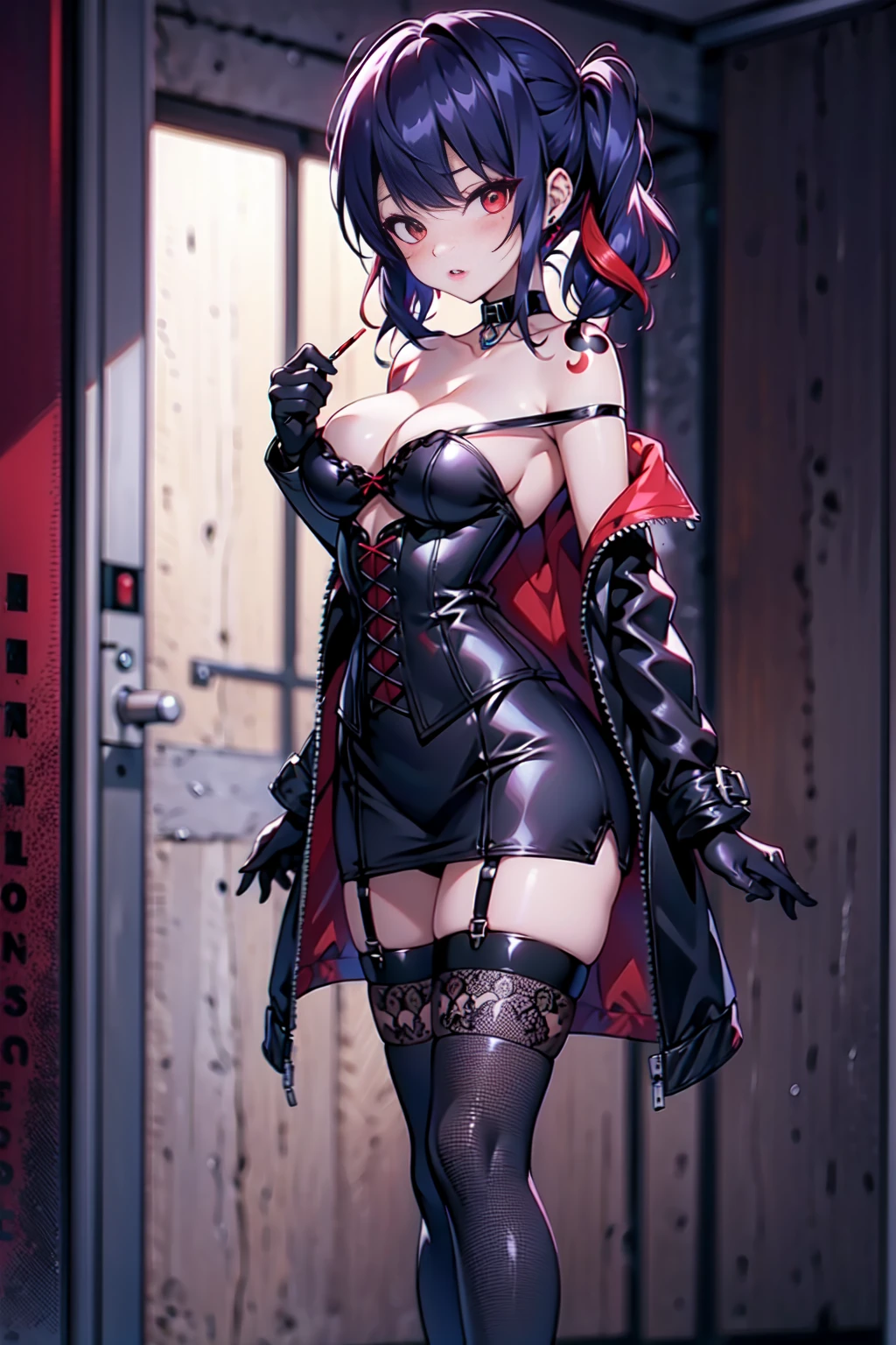nsfw, fishnets, ((solo, solo focus, solo girl,1girl))++,(evil dominatrix Marinette Dupain-Cheng Ladybug)+++,low_twintails, red_hair, two tone hair, multicolored_hair, black_hair, solo, short_hair, high_heels, garter_straps, thighhighs, piercing, bare_shoulders, collar, nipple_piercing, red_eyes, thioots, corset, boots, lips, small_breasts, standing, looking_at_viewer, no_panties, gloves, makeup, garter_belt, full_body, lipstick, black_legwear, thighs, thick_thighs, parted_lips, coat, shiny, cleavage, dress, strapless, black_footwear, evil_red_eye, background, large_breasts, areolae, shiny_skin, choker, grey_background, red_lipstick, black_gloves, blush, pubic_hair, detached_sleeves, no_bra, cumdrip, personification, high_heel_boots, black_lipstick, tattoo, elboloves, eyeshadow, bdsm, smoking, bangs, watermark, off_shoulder, strapless_dress, paris background