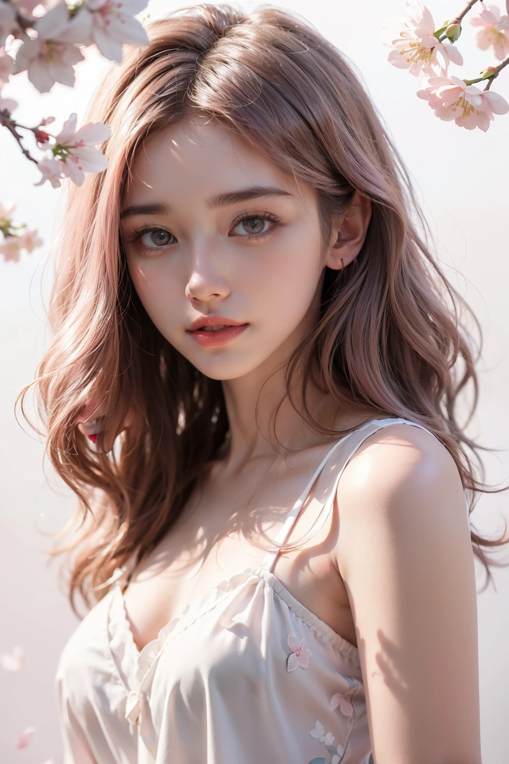 light pink hair, pink eyes, pink and white, cherry blossom leaves, Bright colors, white dress, paint splashes, simple background, ray tracing, wavy hair