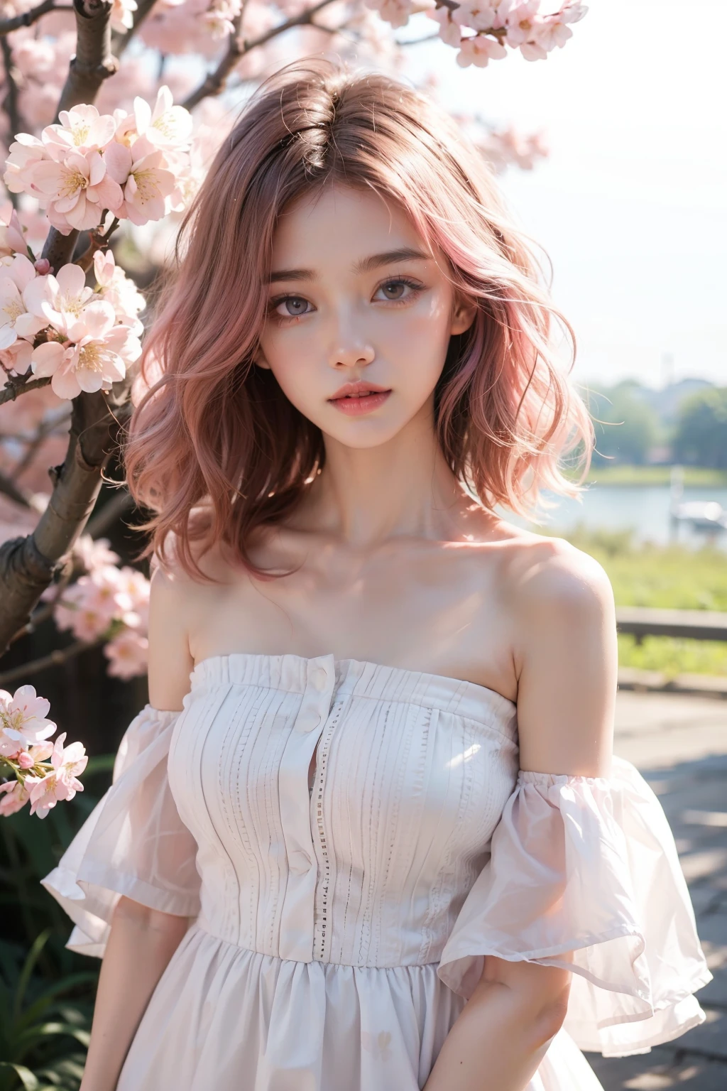 light pink hair, pink eyes, pink and white, cherry blossom leaves, Bright colors, white dress, paint splashes, simple background, ray tracing, wavy hair