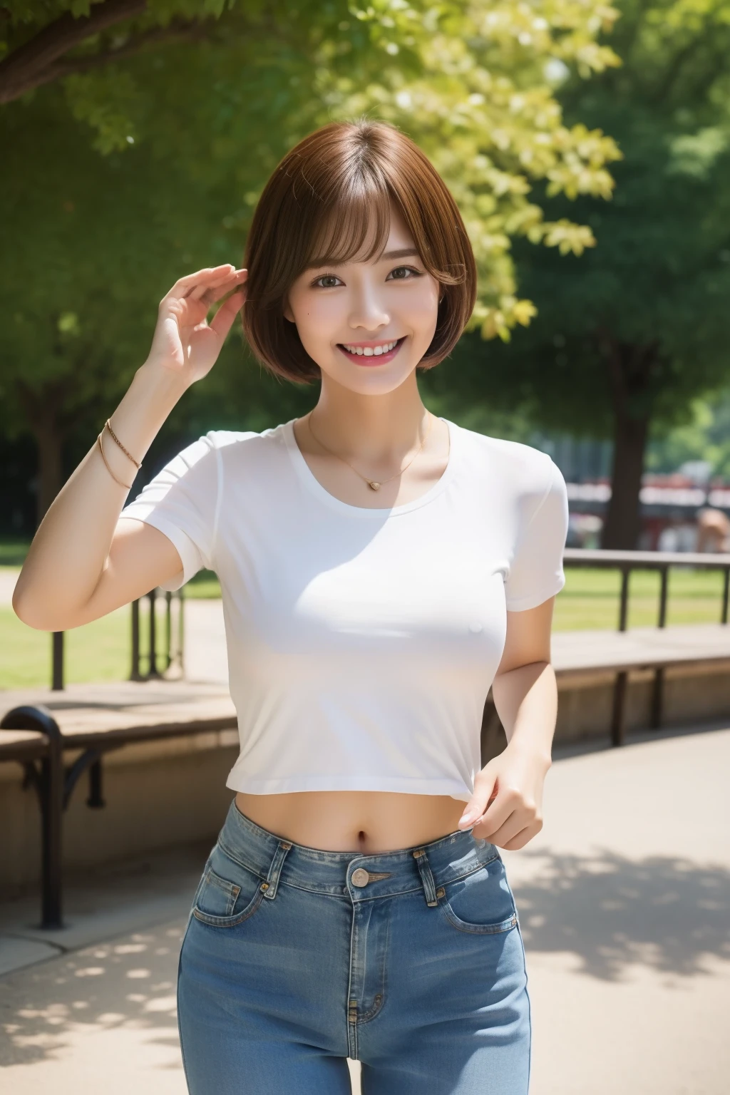 ((Best Masterpiece)), ((High Quality)), ((Real)), ((8k)) ((2 beatiful girls)) ,((white t-shirt and tight denim pants)), Japan persons, 30 years old, 2 beauty, slender, sony slr photography, looking at camera, cute, swimwear, nature, real, posing, super high quality, photography, good friend, big beauty, small beauty, parasol, string bun, String bra, alone with two, , moles under eyes, moles around the mouth ((large breasts)) ,cowboy shot,((smile)) ((pixie bob)) ((bronze hair)), cowboy shot,(in the park),((running) ((sweat)) ((Plump))