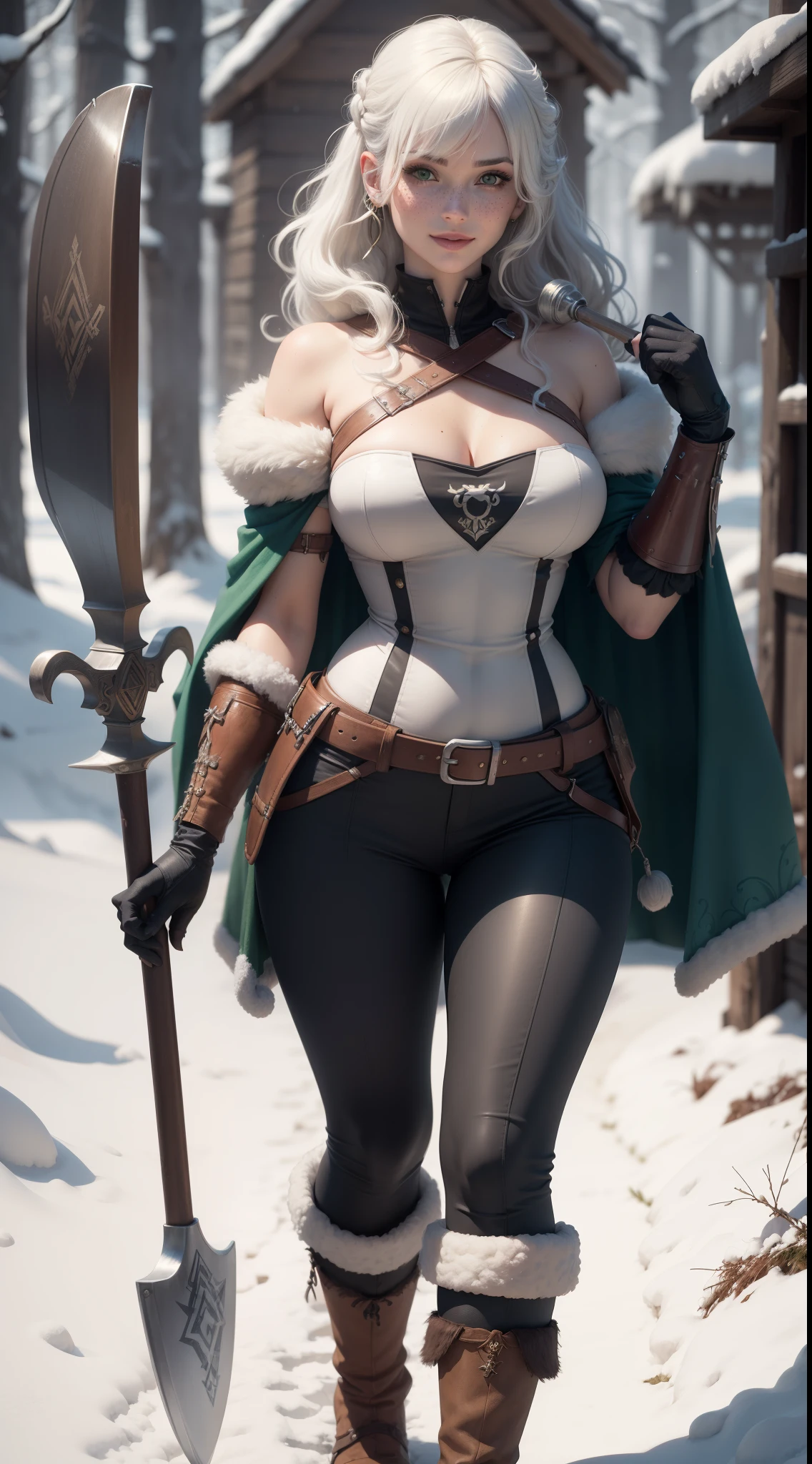 gwen tennyson,tracer,bulma,rebecca chambers,1girl,close up,face paint, medieval armor,gold neck jewelry,body tattoos,short hair,long dress,wolf fur, ceremonial cape,viking corset,tight skirt,magic forest,gold,amulets,tribal piercings and tattoos,white tribal top, leather pantyhose,green eyes,orange hair,shy smile,freckles,redhead,beautiful girl,large breasts,thigh high boots,ultra detailed,realistic,fantasy art,garter belt,braided hair,holding a bow,hunter pose,