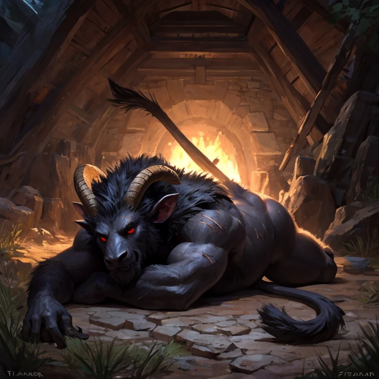 Krampus. solo. Black fur, big gray testicles. Scars in some parts Including the butt. Sweaty. looking at me with an comfortable look, Red eyes. Placid smile. Sweaty, full body image, Taran Fiddler style, medium shading. Giving back. Lying so that their big feets are closer to the camera. Lying With his belly on the ground. Turning your back on the image. The butt points towards the image. Background in a night forest. Low light.