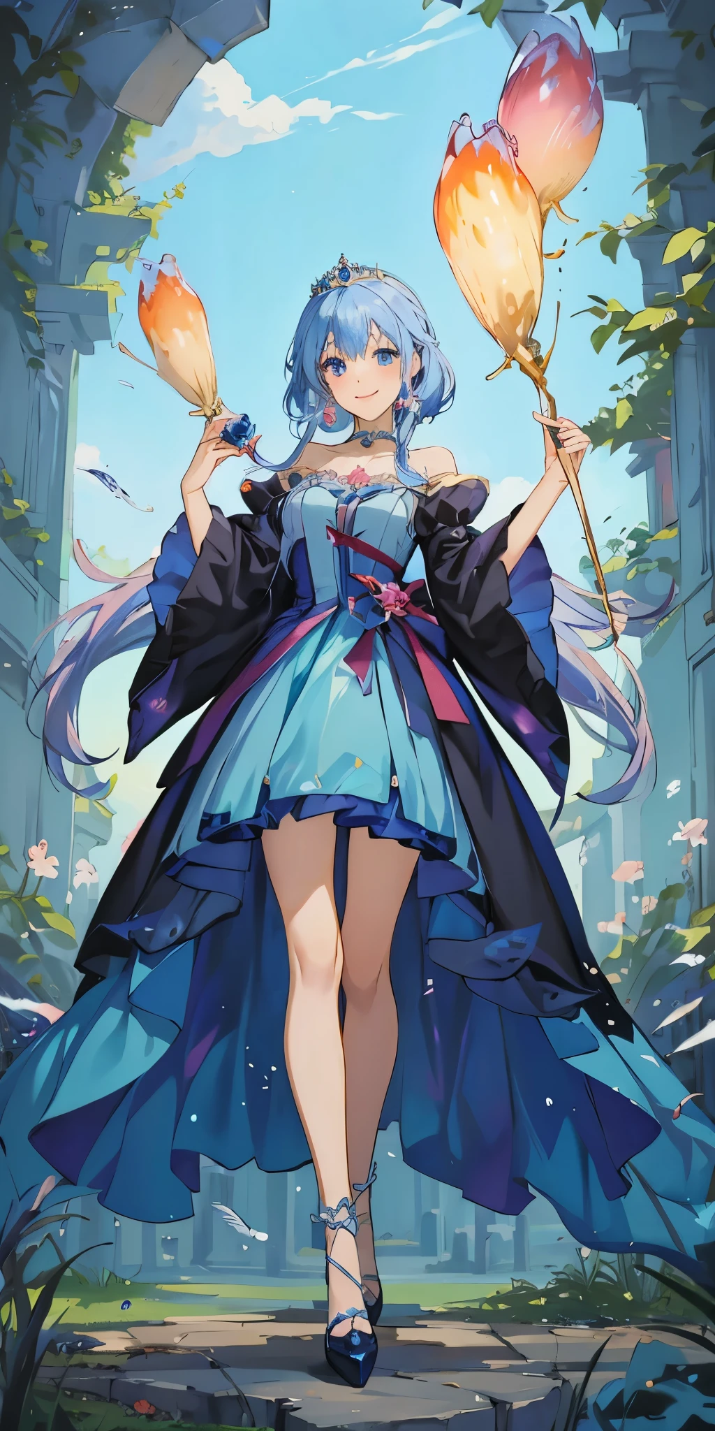 wearing blue dress、Anime girl with jelly and fish, Cute anime waifu wearing beautiful clothes, my dress up darling anime, anime princess, Smile like a fairy king, Beautiful anime character design, Beautiful anime art style, Hino Rei as princess, Ethereal animation, Beautiful anime style, fantasy style anime, magic dress, !!full body portrait!!
