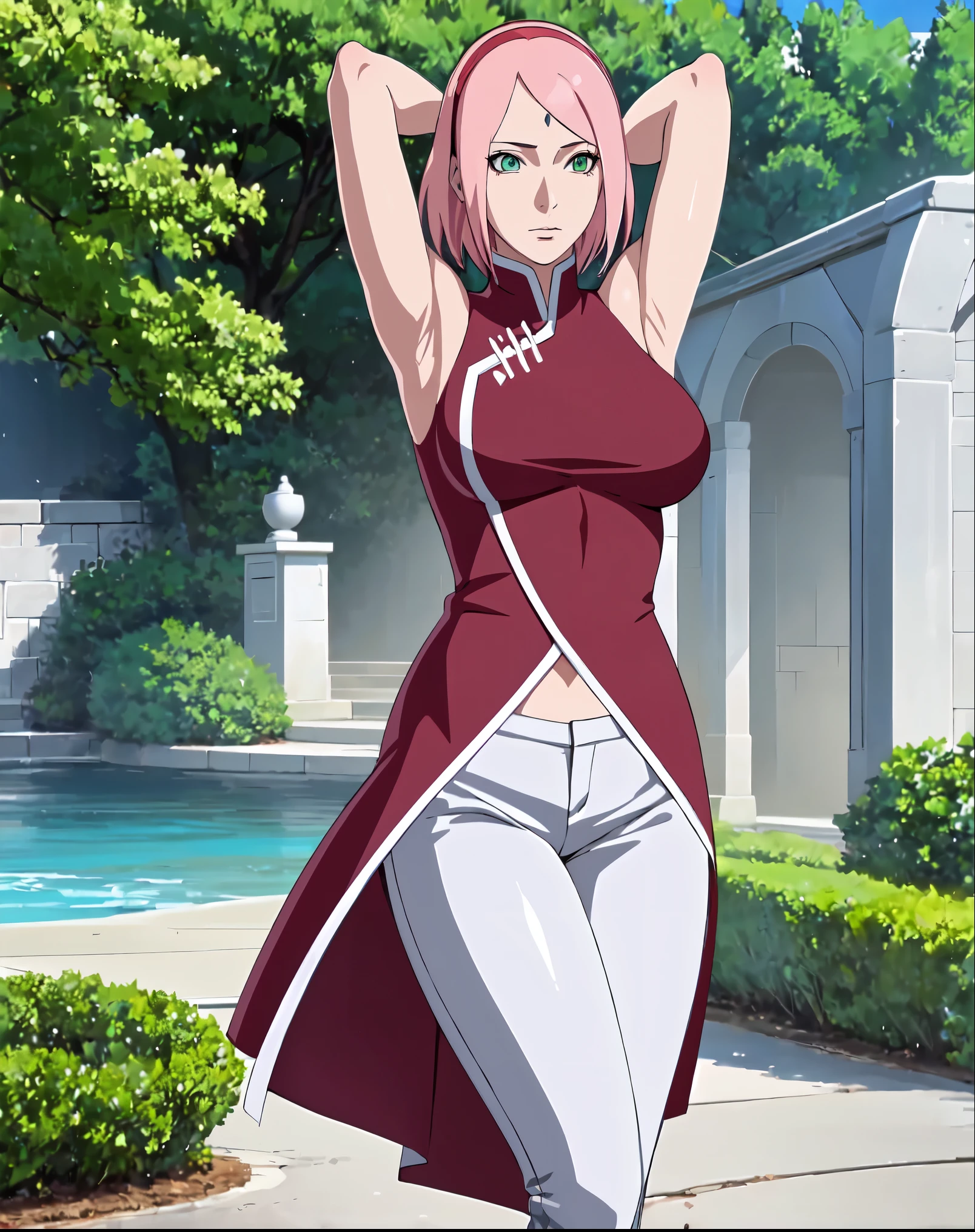 Masterpiece,stunning realistic, best quality, sharpness,1 girl,pink hair,green eyes,HARUNO SAKURA RED SLEEVELESS DRESS WHITE PANTS BRACELETS FOREHEAD MARK RED HAIRBAND UCHIHA CREST,middle large breasts,stabding in a garden,sea at the background,(arms behind head:1.2)