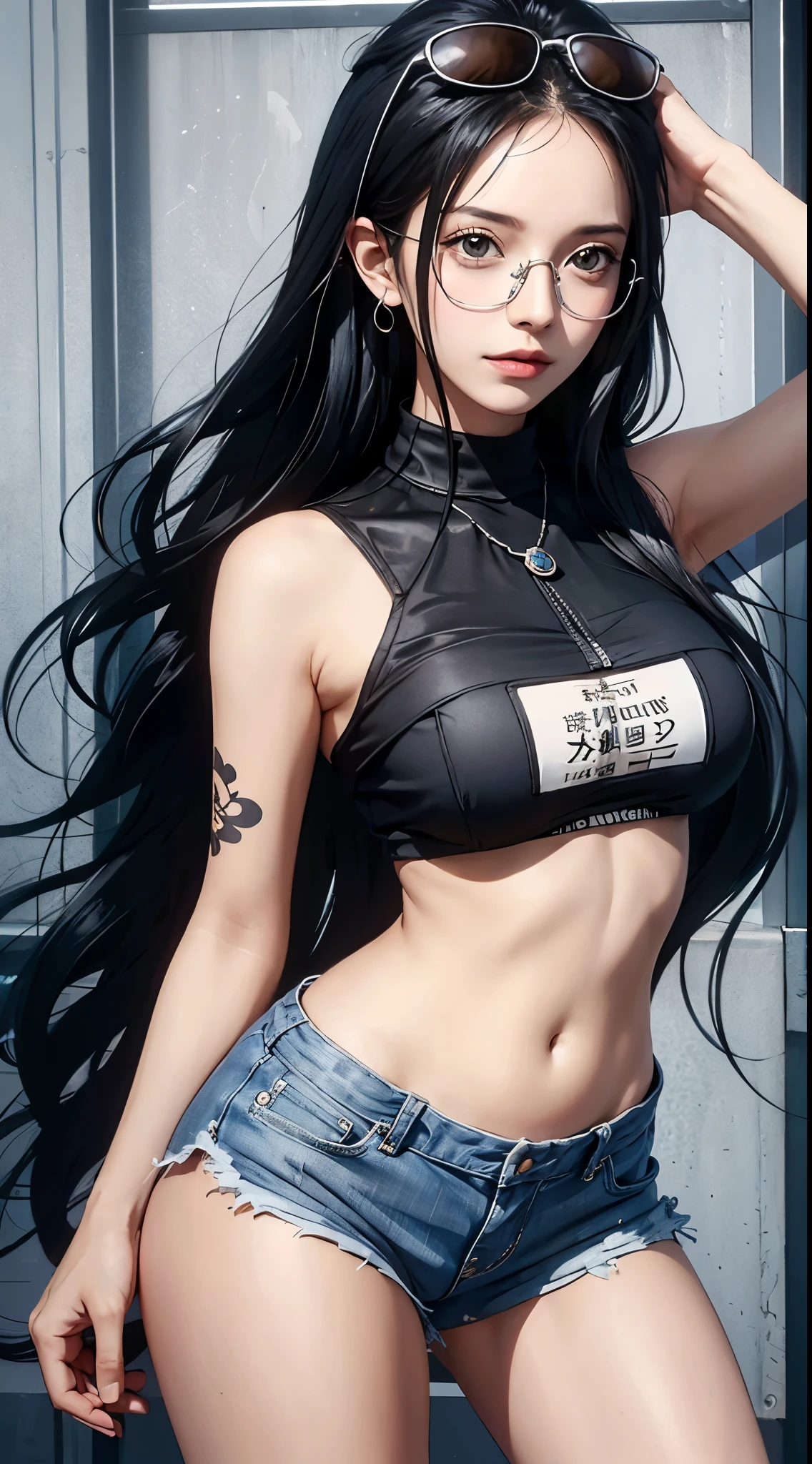 photorealistic,  high resolution,  soft light, 1women,  solo,  hips up,  dynamic pose,  shining skin,  jewelry,  tattoo, thigh,black hair,long hair,ear pendants,pearls and jewels, EdobNicoRobin, street wear, glasses on head, t-shirt, shorts