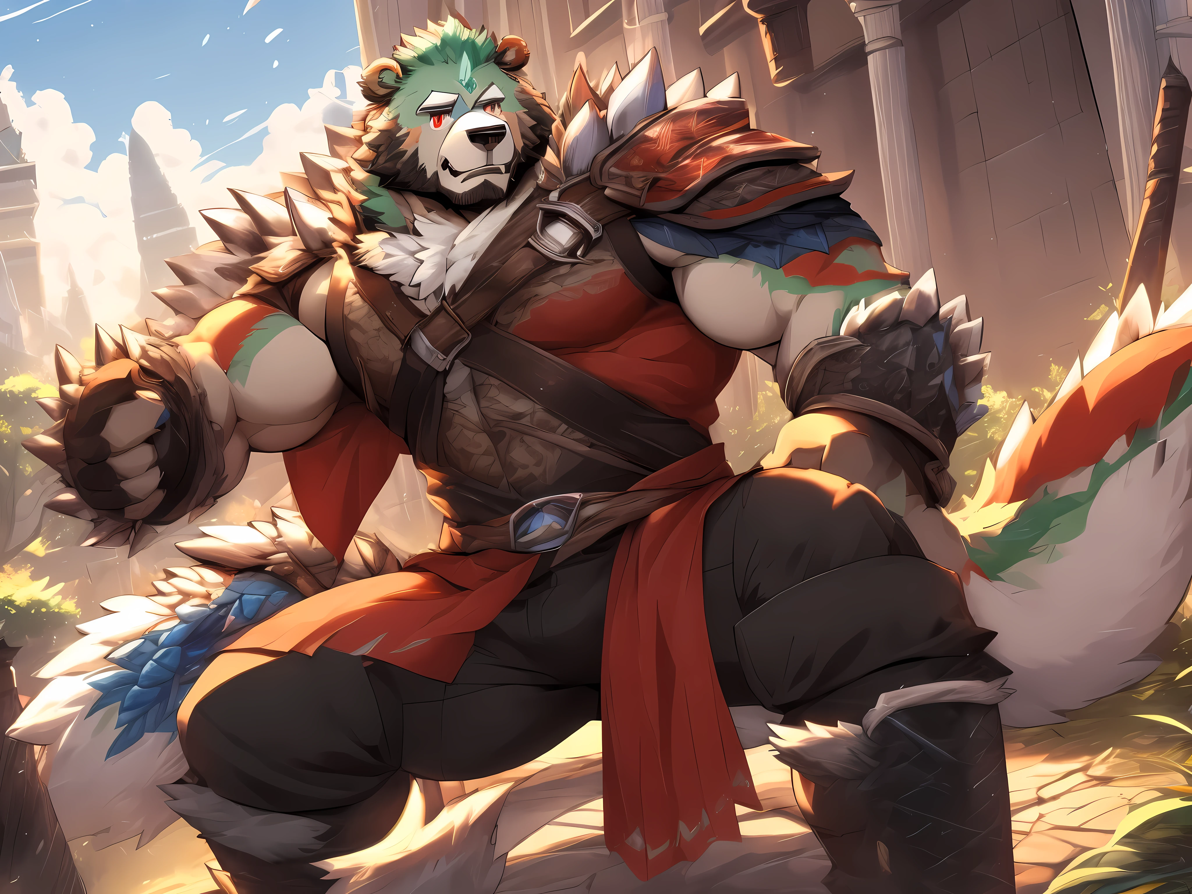 Humanity ((Bear)), hairy, Bear, Green fur, green hair, ((Beard)), male, white eyebrows, red eyes, masterpiece, ((best quality)), Character Focus Solo, Handsome, middle aged, Mature, muscle body, Sexy, like, whole body, (((jinpei))), (((monster hunter))), (((weilding nodachi))), (((fighting rathalos from monster hunter world))), (((in the city)))