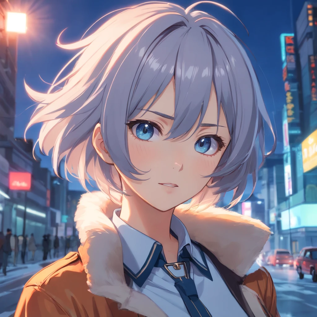 a girl wearing an anime collar, her hair is gray white mixed, in the style of the Cold War Era,  colorful animation stills, university, a fierce expression for a fierce woman, Frieren, otherwordly, gray to blue colors, cool tones, fangs, dynamic portait, interesting eyes,