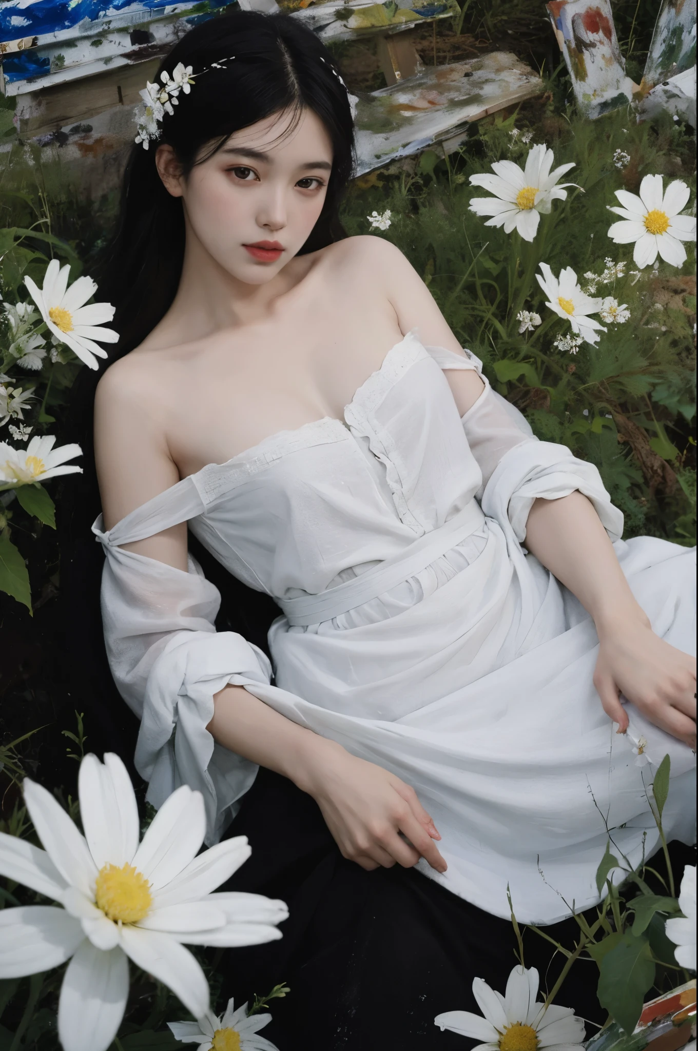 (painting:1.5), \\ One with black hair、Woman with white flowers in her hair lies in a field of white flowers, (Amy Saul:0.248), (Liu Stanley:0.106), (a detailed painting:0.353), (gothic art:0.106)