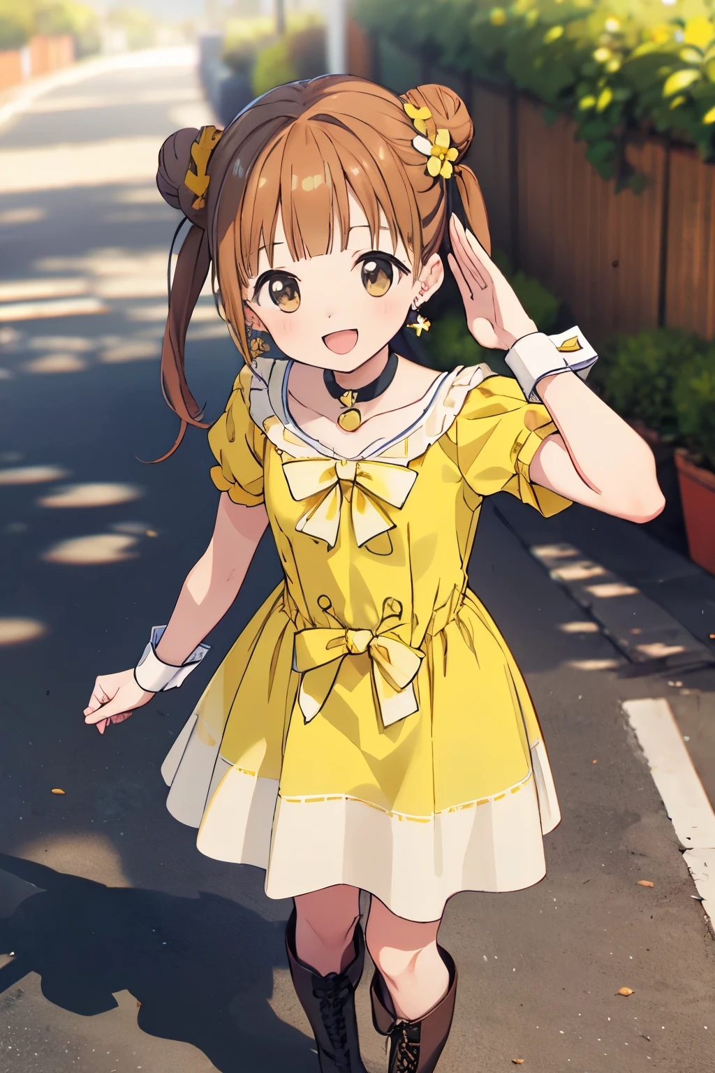 asterpiece, best quality, highres, ultra-detailed, AyumiTogeguchiR4, brown eyes, orange hair, long hair, twintails, double bun, hair ornament, hair flower, earrings, green choker, small breast, magical girl, heart brooch, dress, (yellow dress:1.2), yellow shorts, puffy short sleeves, white dress, wrist cuffs, waist bow, skirt, boots, knee boots, outdoors, standing, :d, salute,