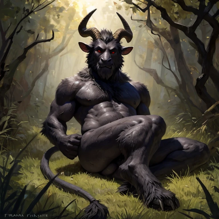 Krampus. solo. Black fur, big gray testicles. Scars in some parts Including the butt. Sweaty. looking at me with an comfortable look, Red eyes. Placid smile. Sweaty, full body image, Taran Fiddler style, medium shading. Giving back. Lying so that their big feets are closer to the camera. Lying With his belly on the ground. Turning your back on the image. The butt points towards the image. Background in a night forest. Low light.