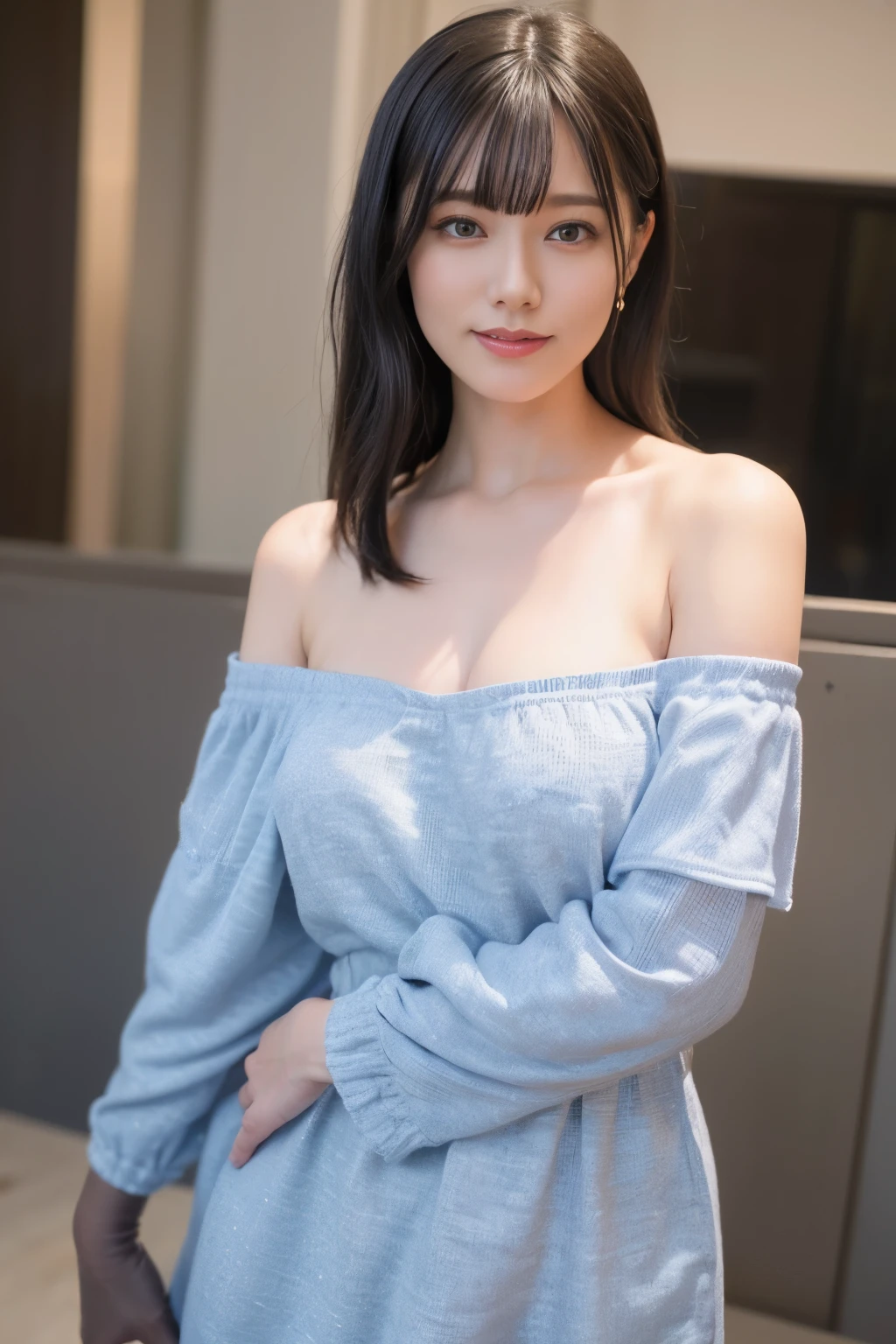 best quality, photorealistic, 8k, high res, 1girl, woman, (professional lighting), (portrait:0.6), (off shoulder dress:1.72), gorgeous, black hair, (short hair:1.2), (1girl eyes looking at viewer:1.4), ((looking at viewer:1.6)), (looking at the camera), photorealistic, (bokeh), (portait:0.6), (dynamic pose:1.2), sfw, (smile:1.6),