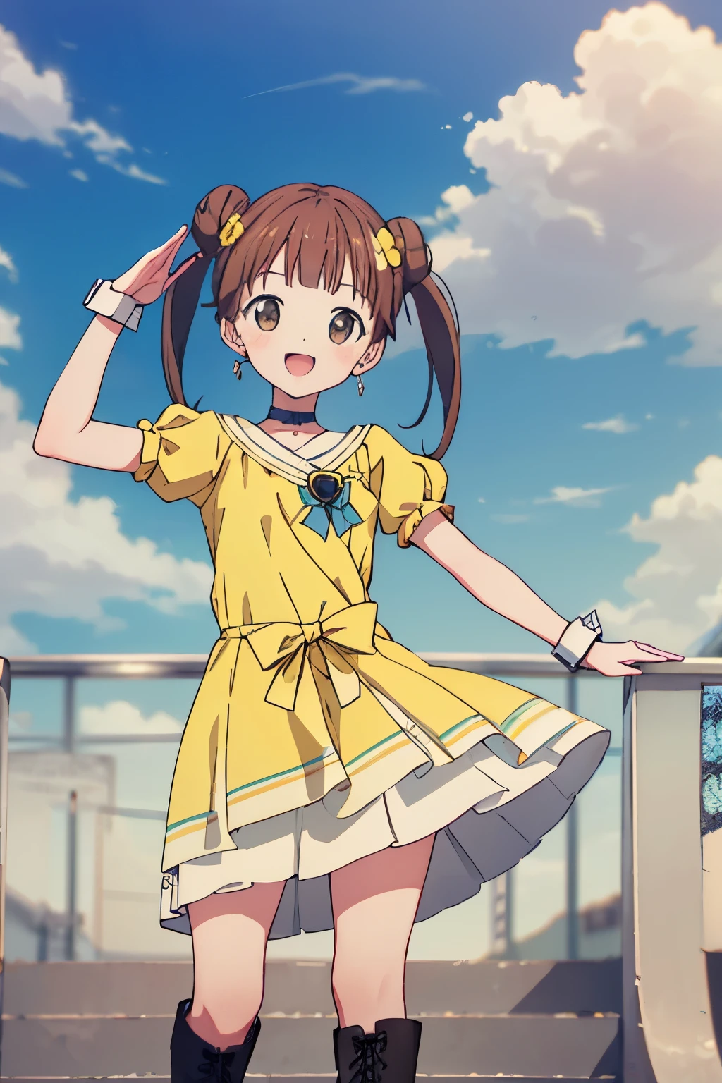 asterpiece, best quality, highres, ultra-detailed, AyumiTogeguchiR4, brown eyes, orange hair, long hair, twintails, double bun, hair ornament, hair flower, earrings, green choker, small breast, magical girl, heart brooch, dress, (yellow dress:1.2), yellow shorts, puffy short sleeves, white dress, wrist cuffs, waist bow, skirt, boots, knee boots, outdoors, standing, :d, salute,